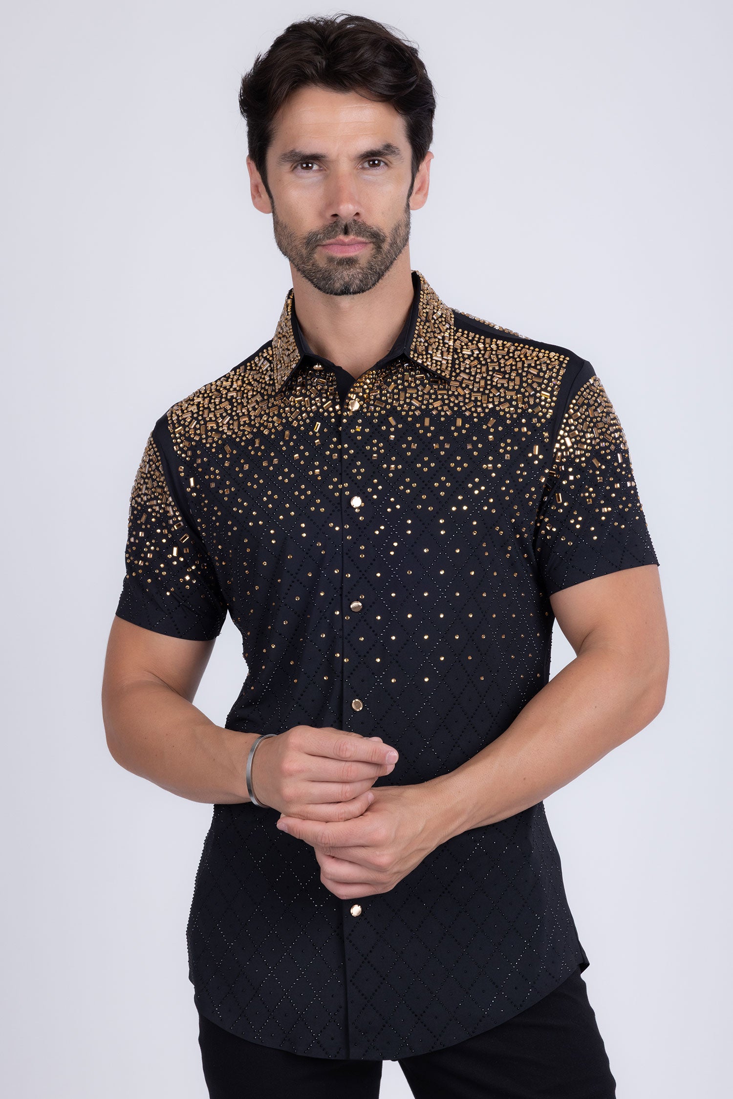 Barabas Men's Rhinestone Geometric Stretch Short Sleeve Shirt 5SST20 Black Gold