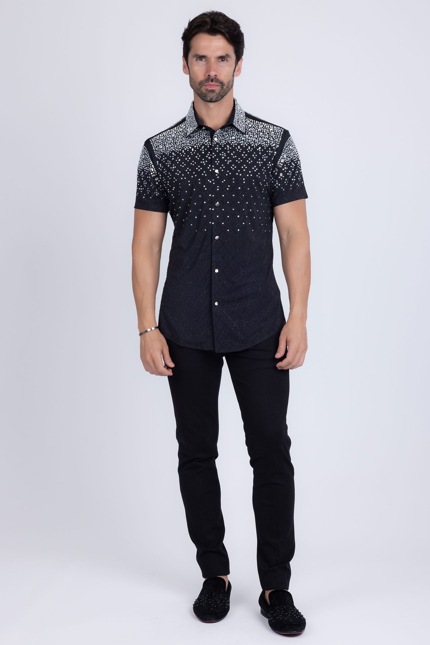 Barabas Men's Rhinestone Geometric Stretch Short Sleeve Shirt 5SST20 Black