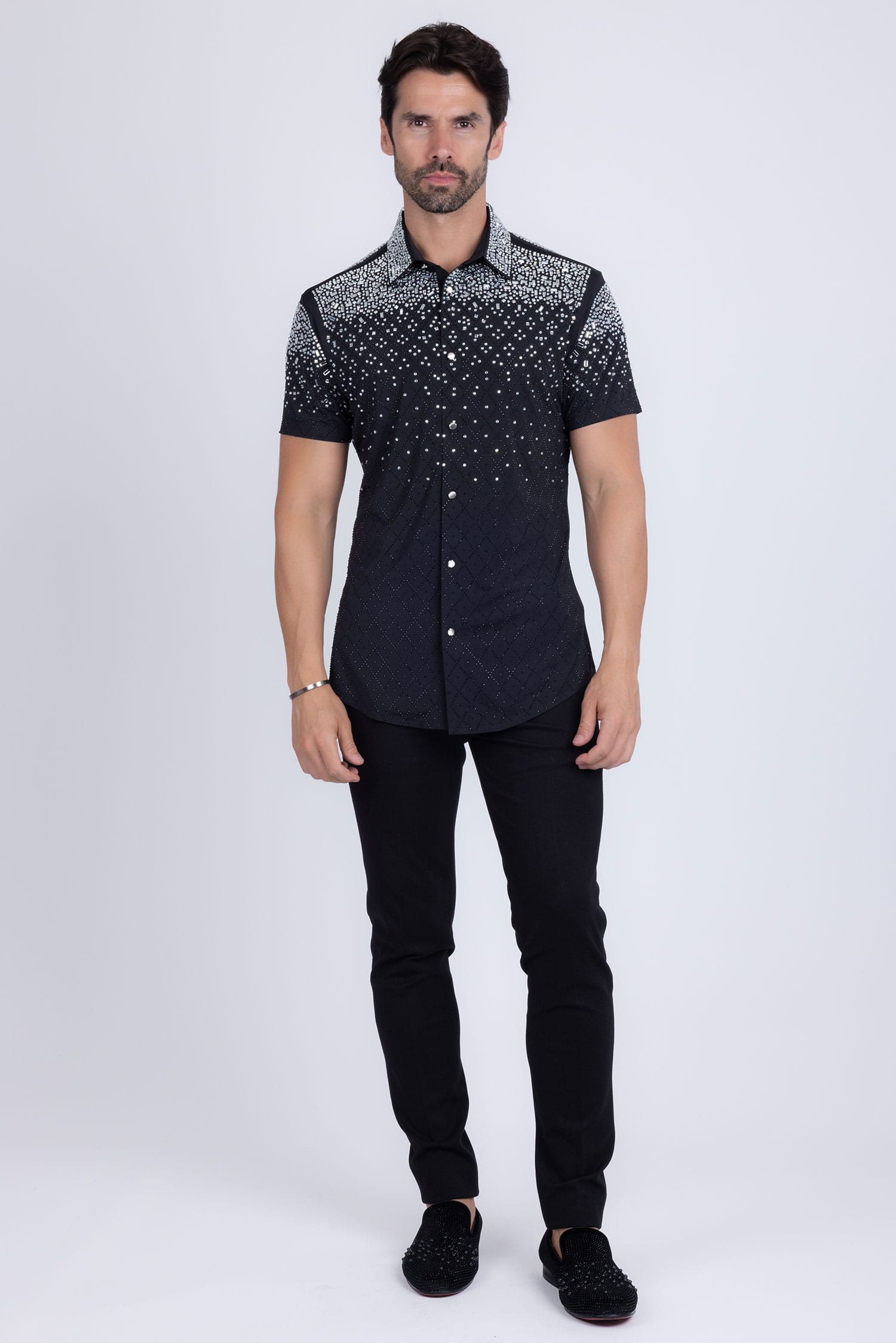 Barabas Men's Rhinestone Geometric Stretch Short Sleeve Shirt 5SST20 Black