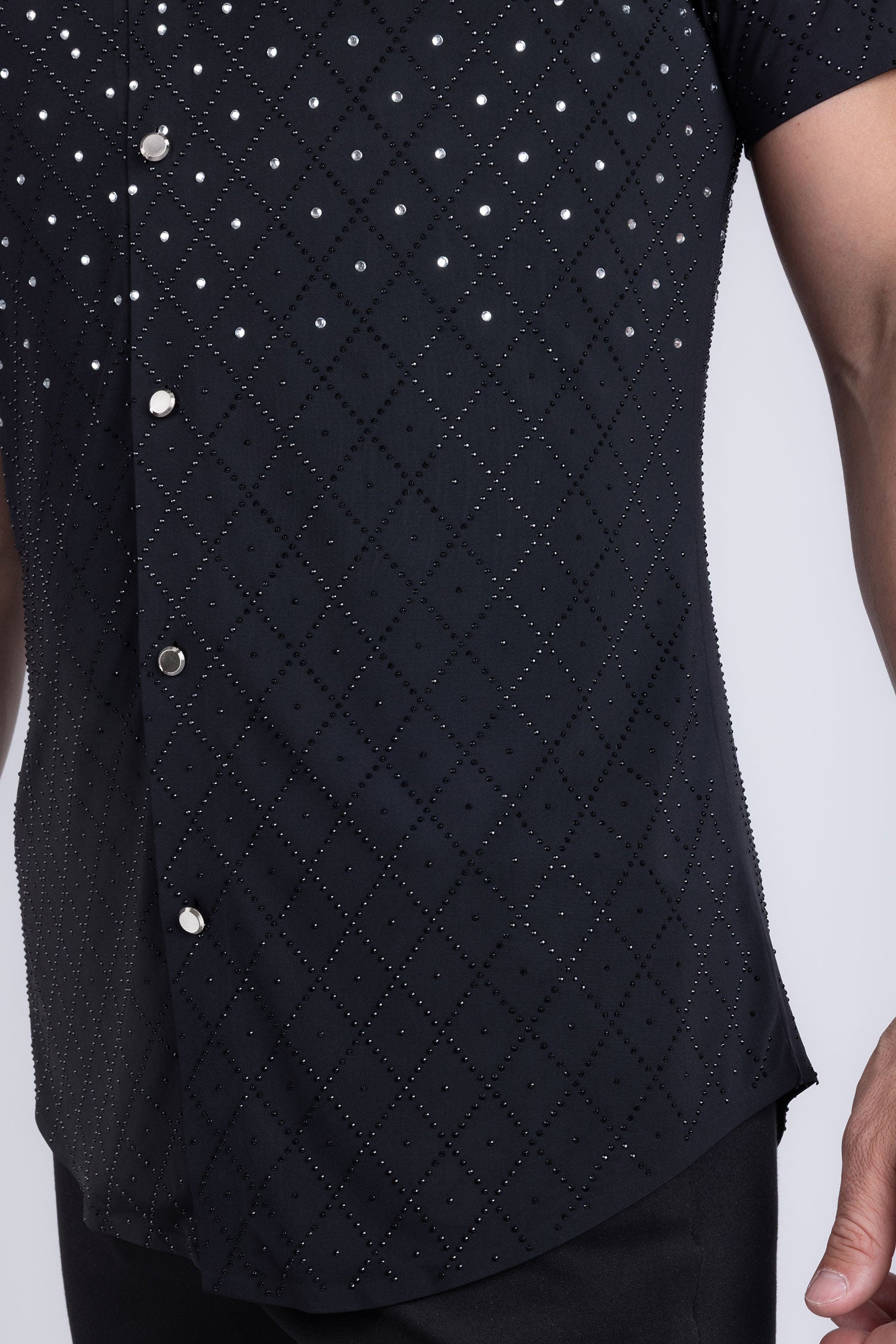 Barabas Men's Rhinestone Geometric Stretch Short Sleeve Shirt 5SST20 Black