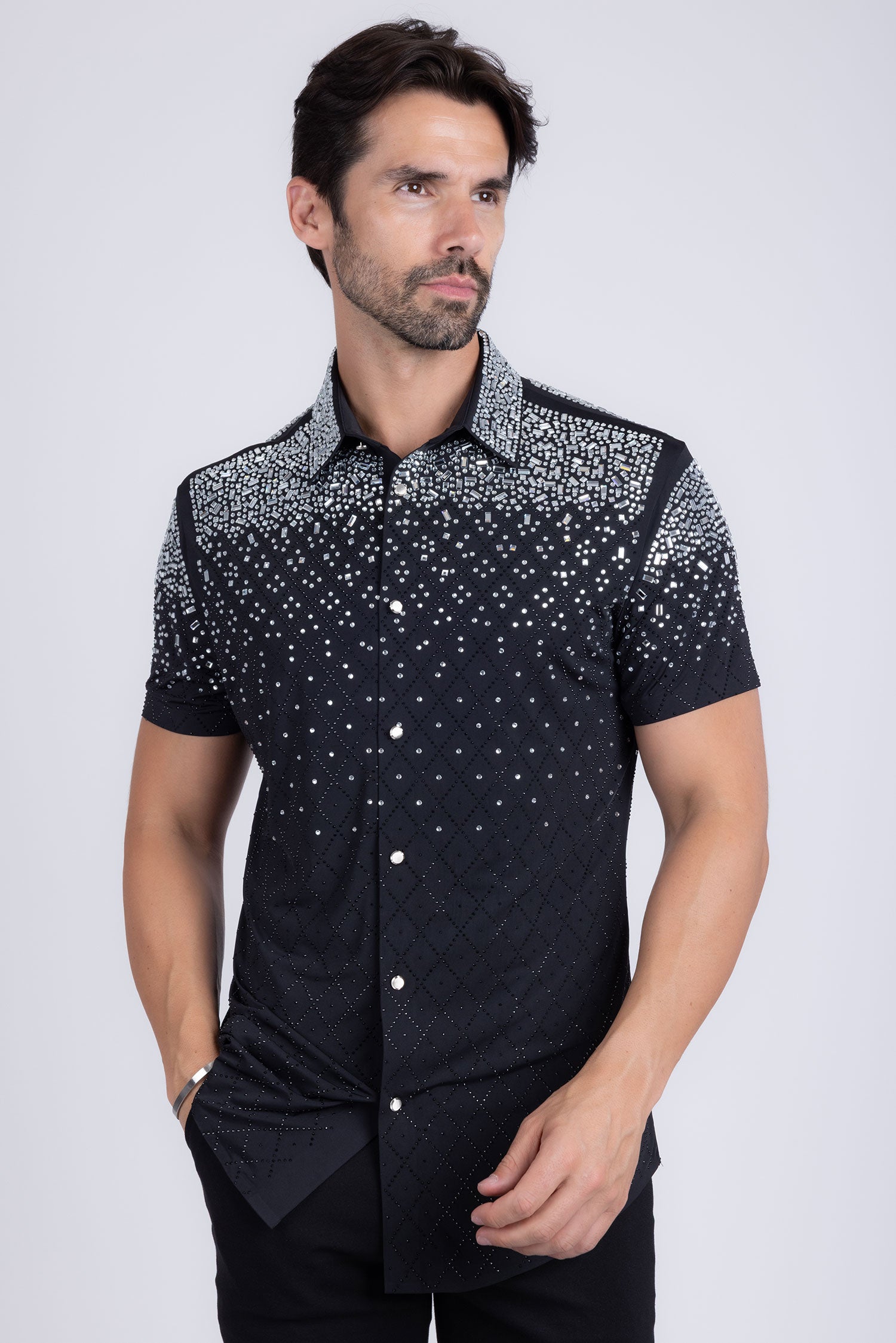 Barabas Men's Rhinestone Geometric Stretch Short Sleeve Shirt 5SST20 Black