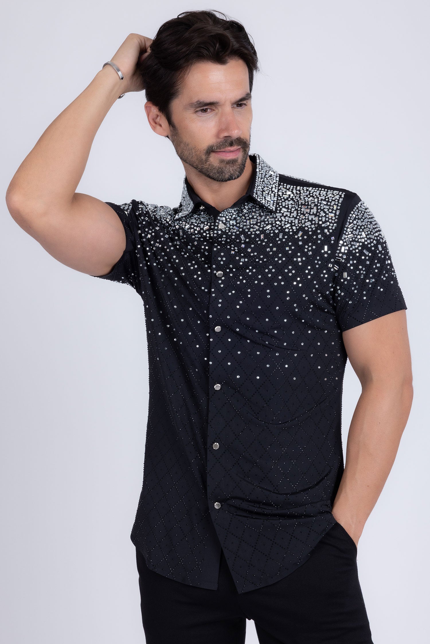 Barabas Men's Rhinestone Geometric Stretch Short Sleeve Shirt 5SST20 Black Silver