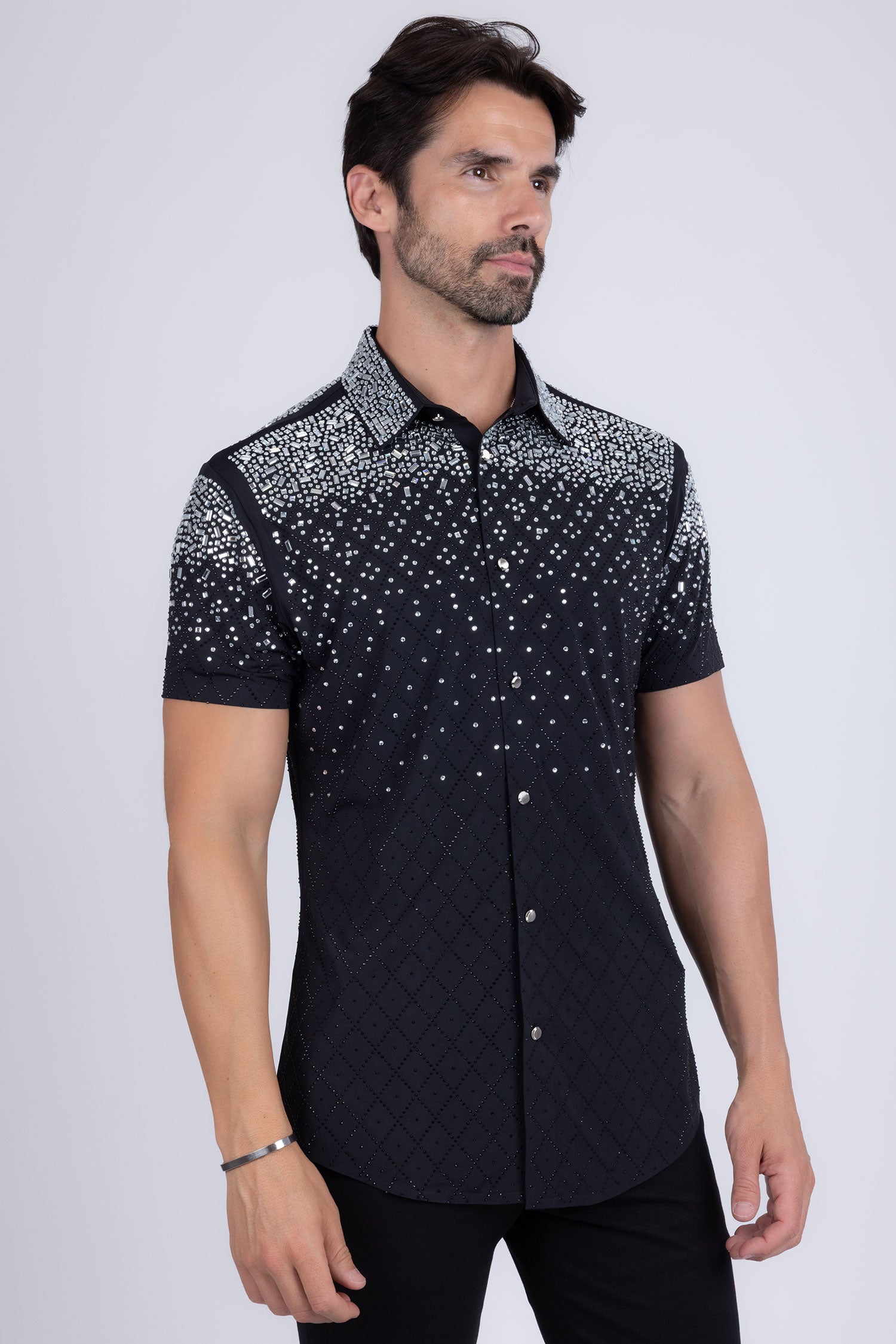 Barabas Men's Rhinestone Geometric Stretch Short Sleeve Shirt 5SST20 Black Silver