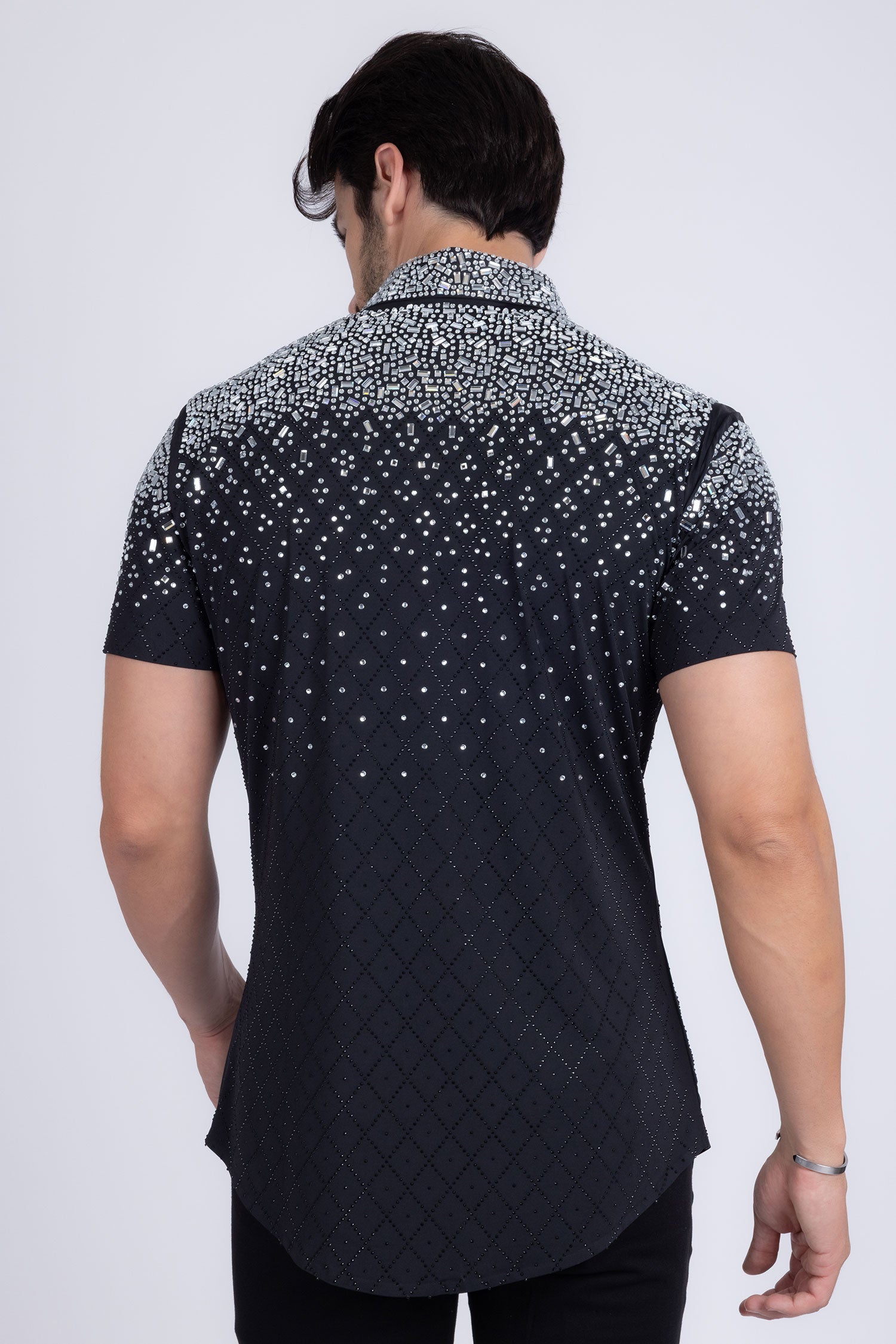 Barabas Men's Rhinestone Geometric Stretch Short Sleeve Shirt 5SST20 Black