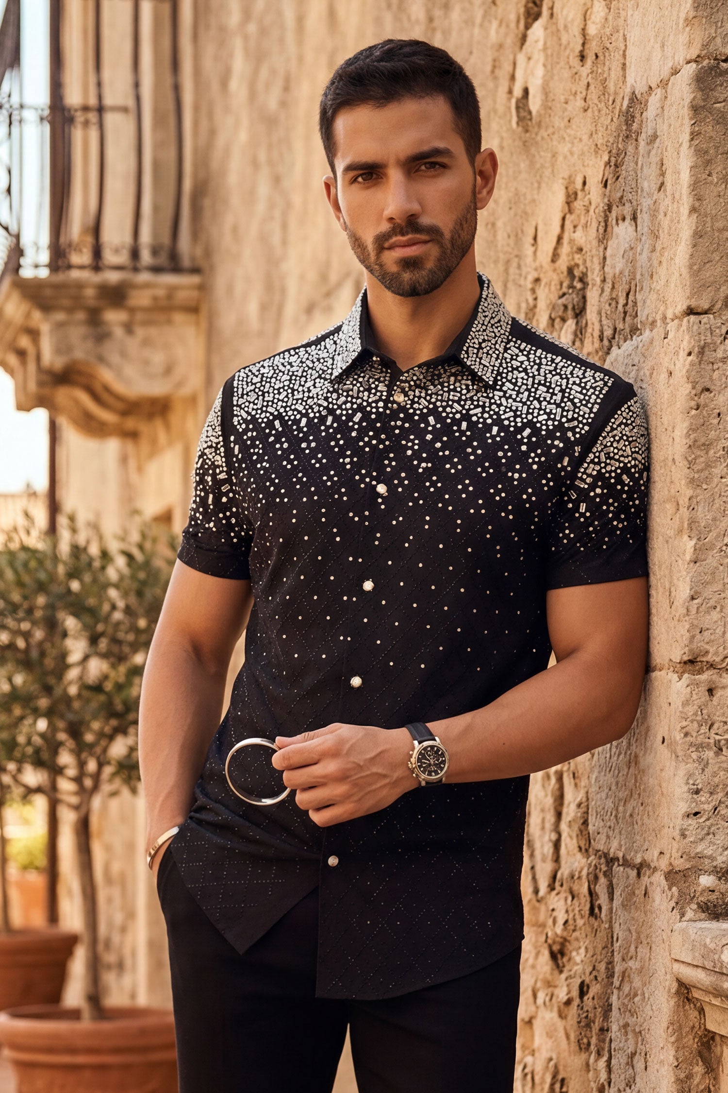 Barabas Men's Rhinestone Geometric Stretch Short Sleeve Shirt 5SST20 Black Silver