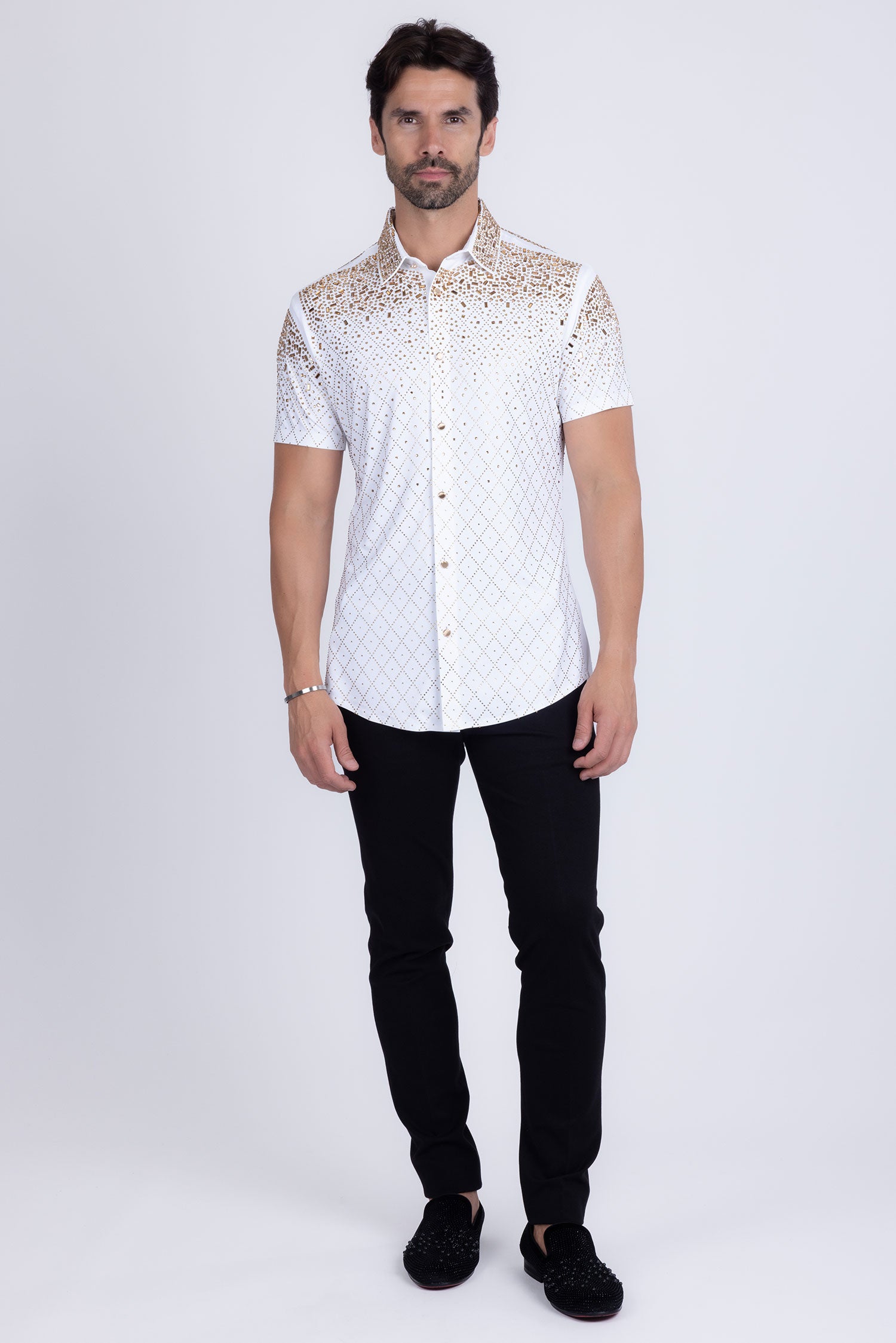 Barabas Men's Rhinestone Geometric Stretch Short Sleeve Shirt 5SST20 White