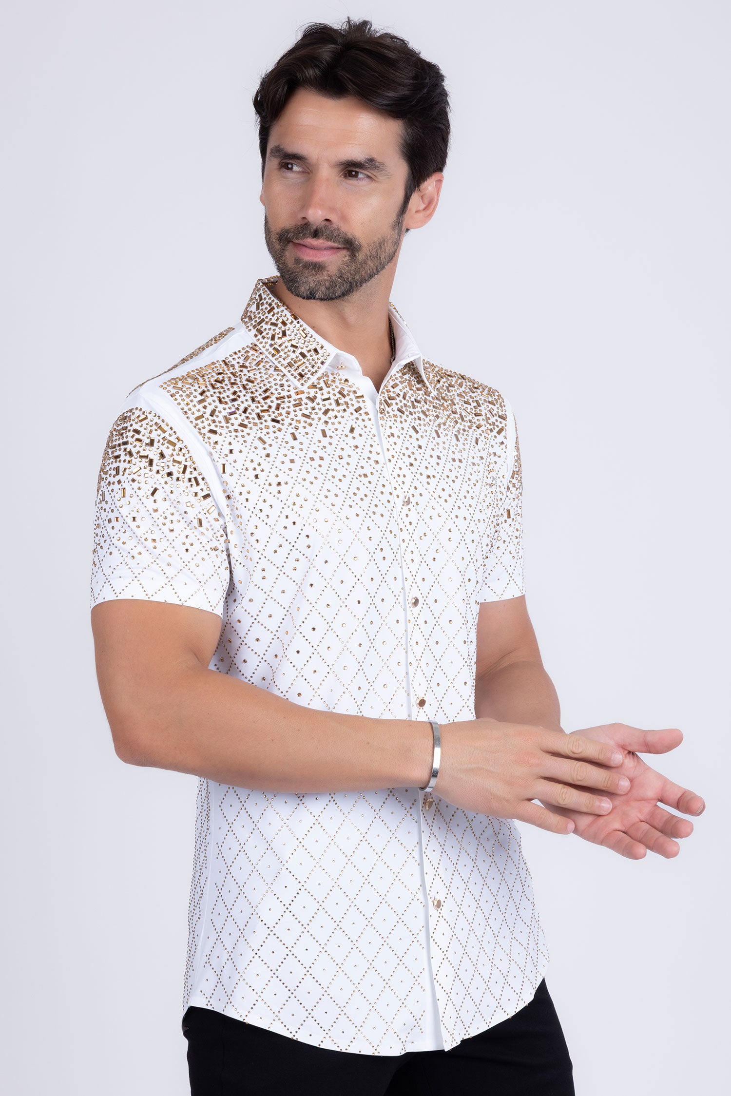 Barabas Men's Rhinestone Geometric Stretch Short Sleeve Shirt 5SST20 White