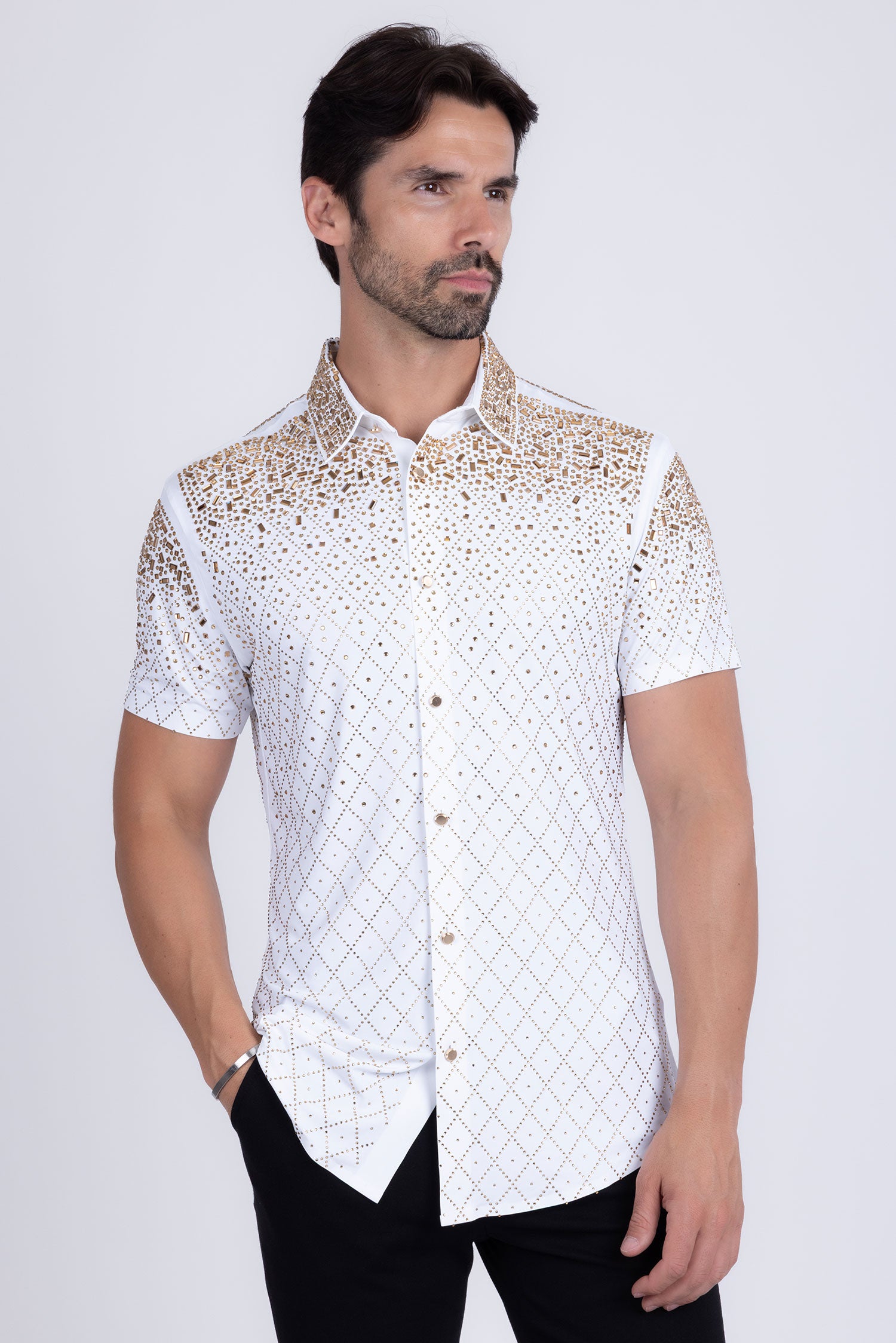 Barabas Men's Rhinestone Geometric Stretch Short Sleeve Shirt 5SST20 White