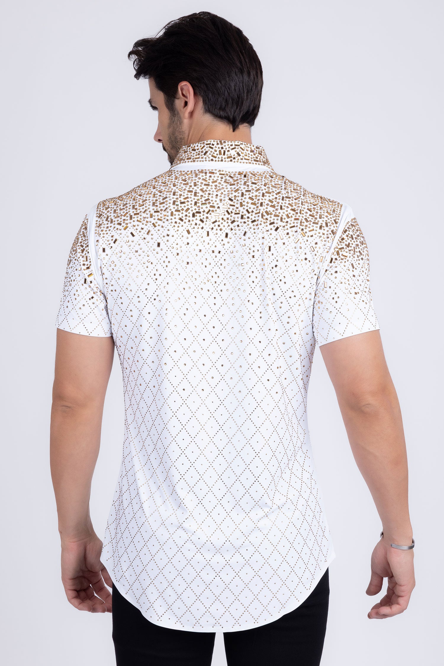 Barabas Men's Rhinestone Geometric Stretch Short Sleeve Shirt 5SST20 White