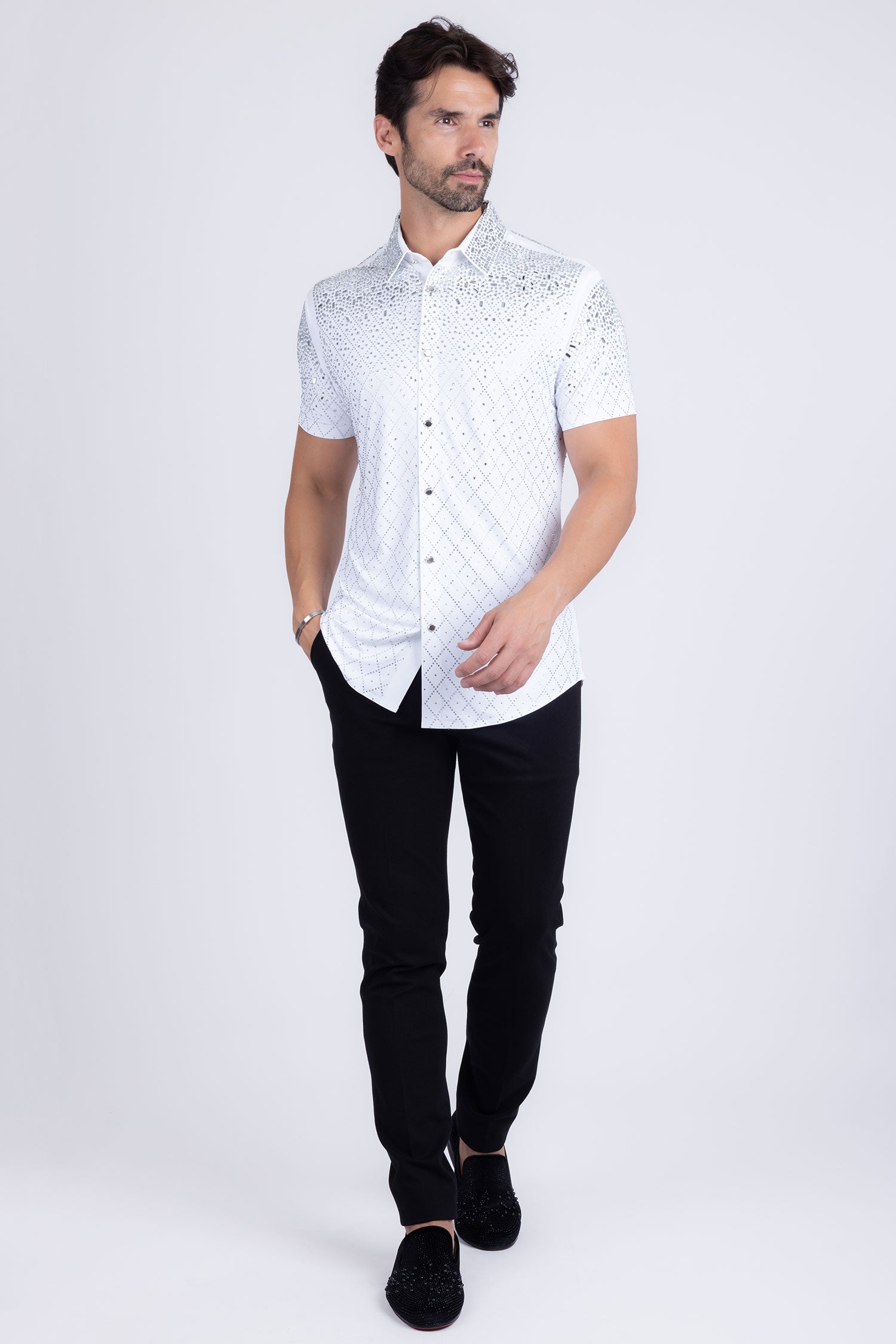 Barabas Men's Rhinestone Geometric Stretch Short Sleeve Shirt 5SST20 White Silver
