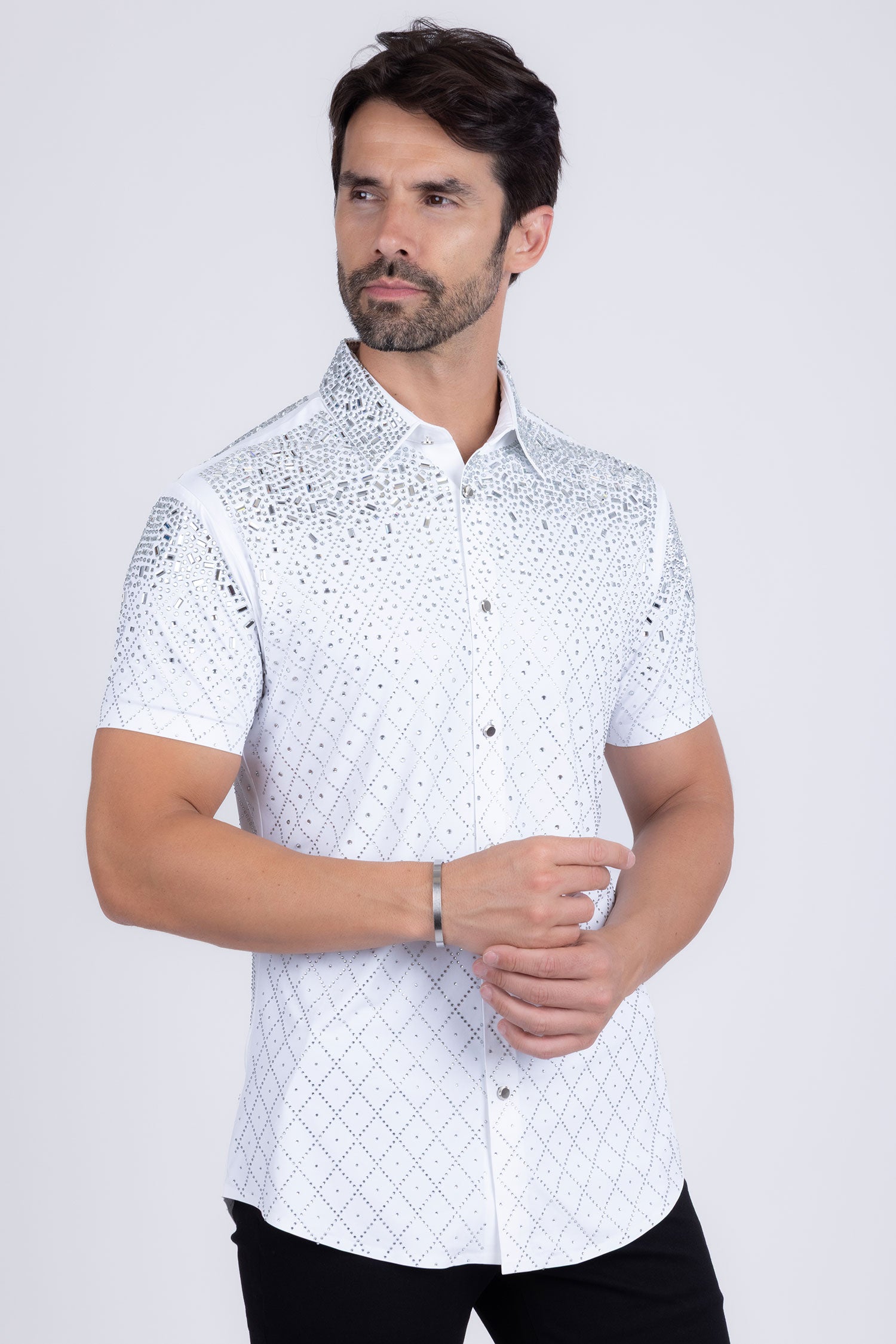 Barabas Men's Rhinestone Geometric Stretch Short Sleeve Shirt 5SST20 White Silver