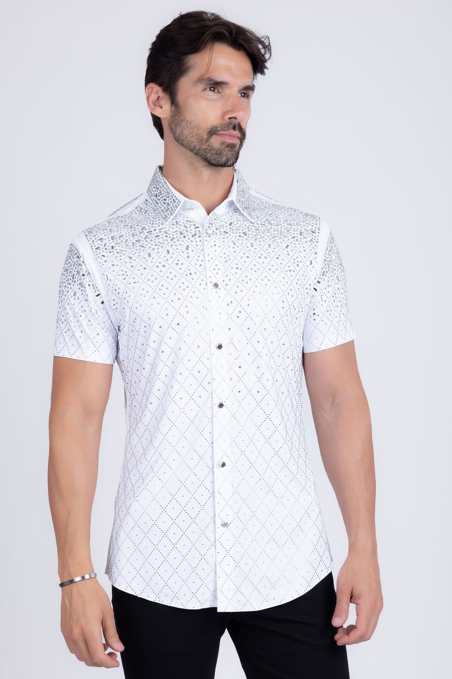 Barabas Men's Rhinestone Geometric Stretch Short Sleeve Shirt 5SST20 White Silver