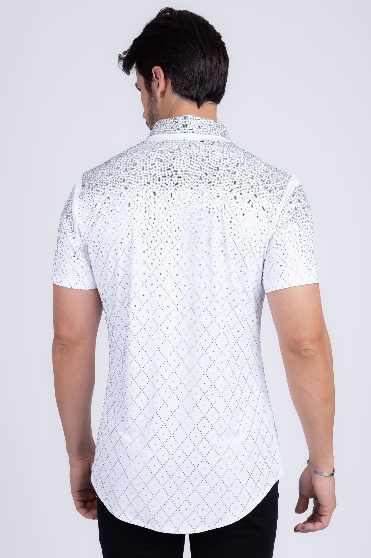 Barabas Men's Rhinestone Geometric Stretch Short Sleeve Shirt 5SST20 White Silver