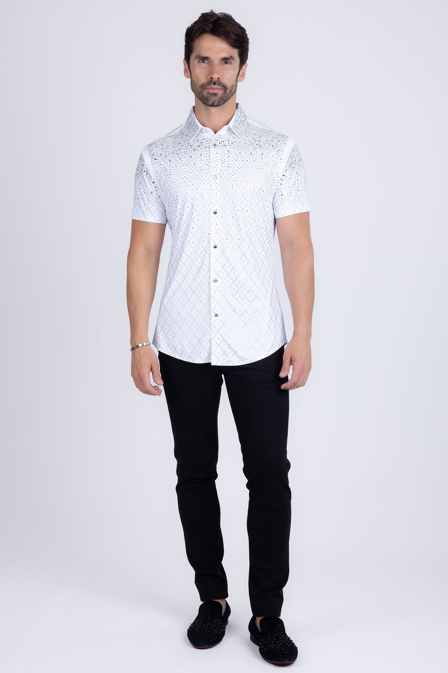 Barabas Men's Rhinestone Geometric Stretch Short Sleeve Shirt 5SST20 White Silver