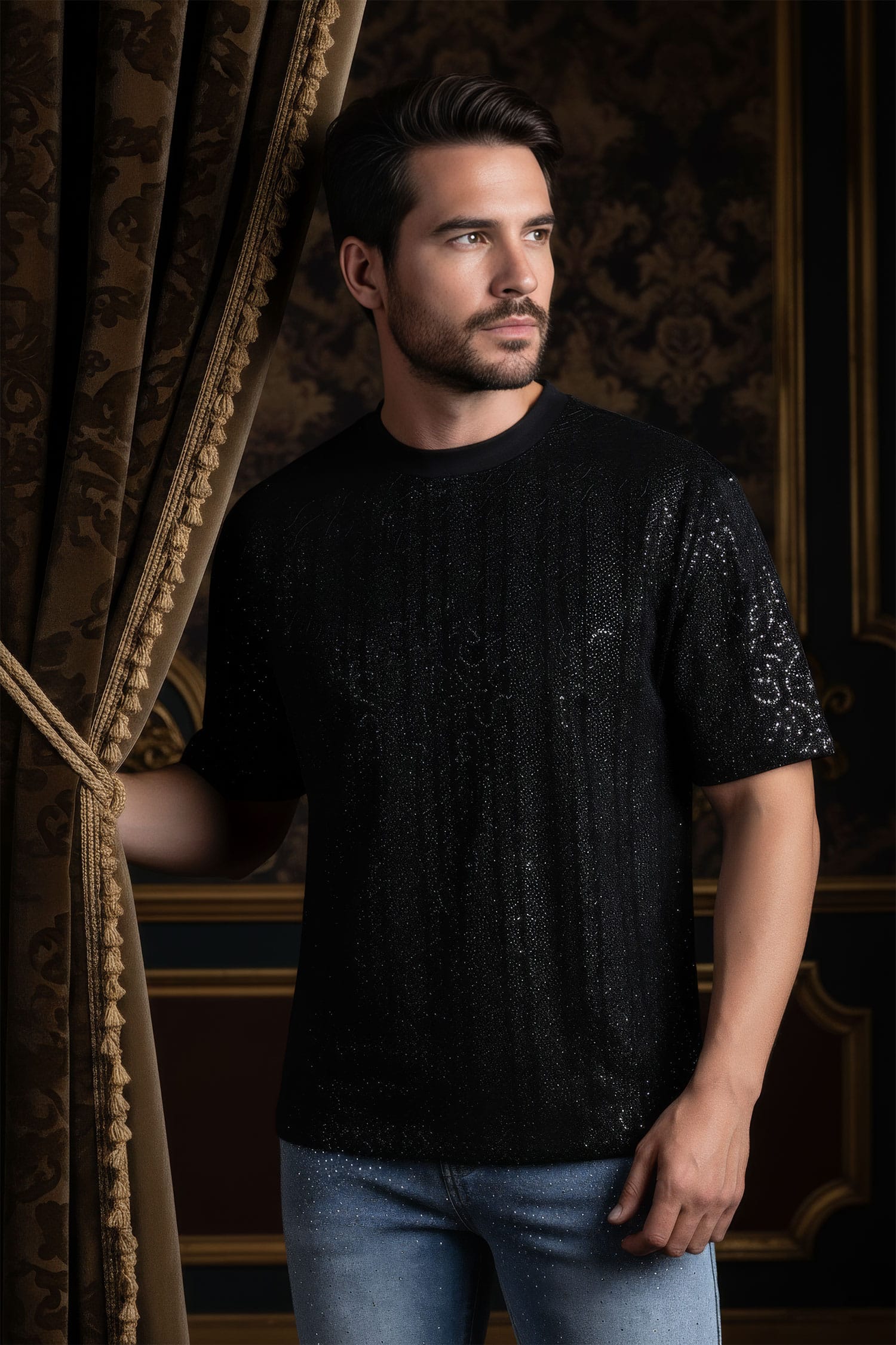 Barabas Men's Sequin Stretch Crew Neck T-Shirt 5ST04 Black