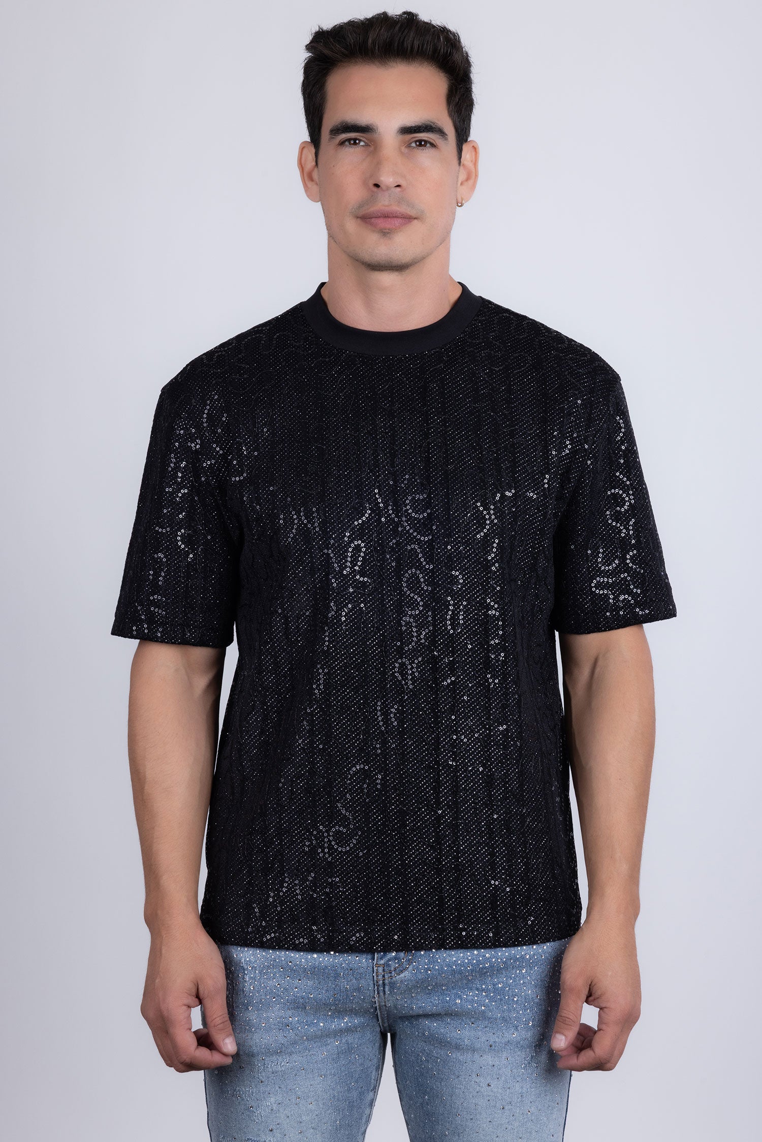 Barabas Men's Sequin Stretch Crew Neck T-Shirt 5ST04 Black