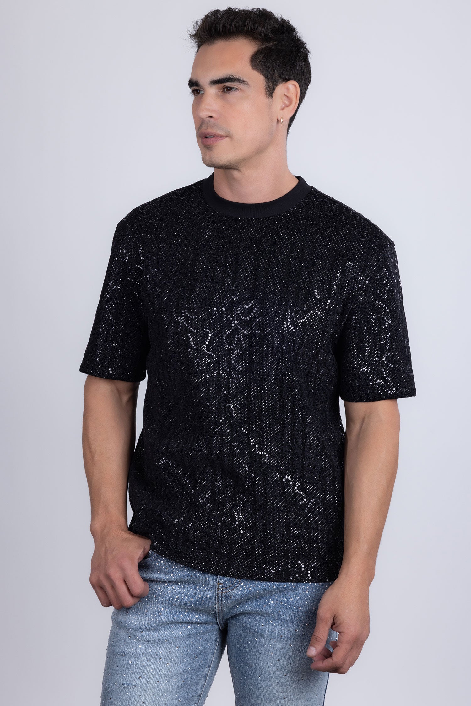 Barabas Men's Sequin Stretch Crew Neck T-Shirt 5ST04 Black