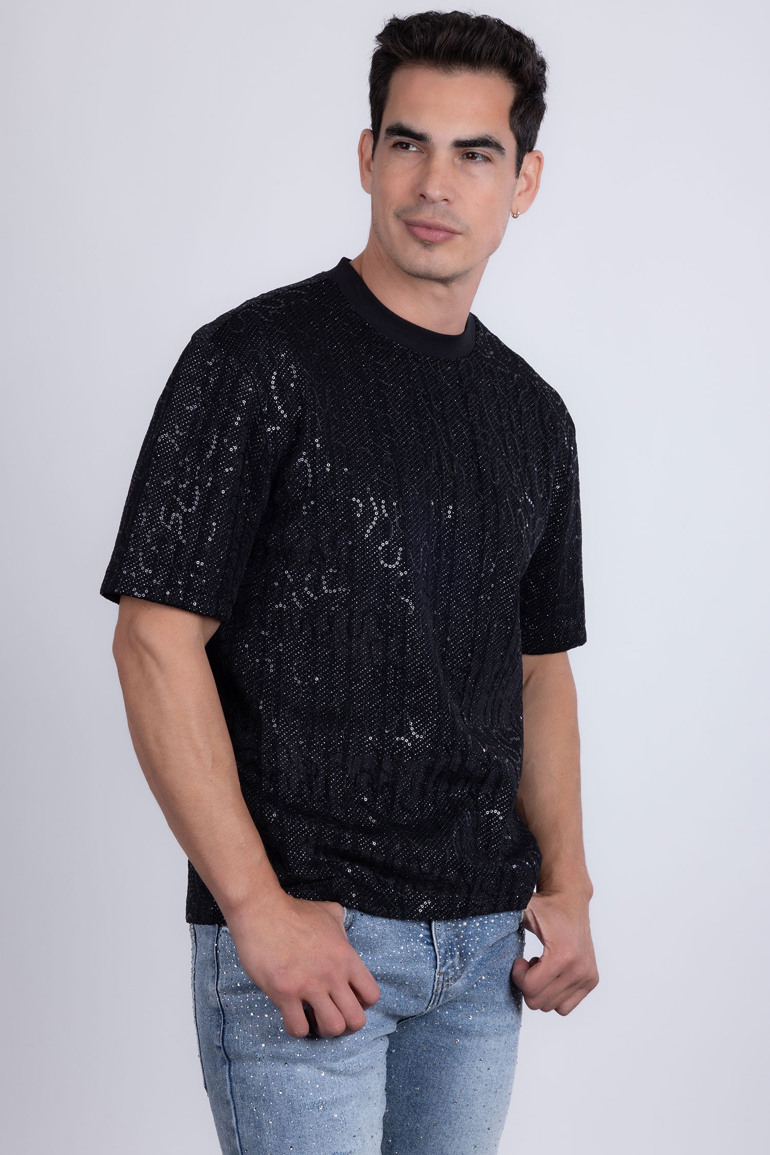 Barabas Men's Sequin Stretch Crew Neck T-Shirt 5ST04 Black