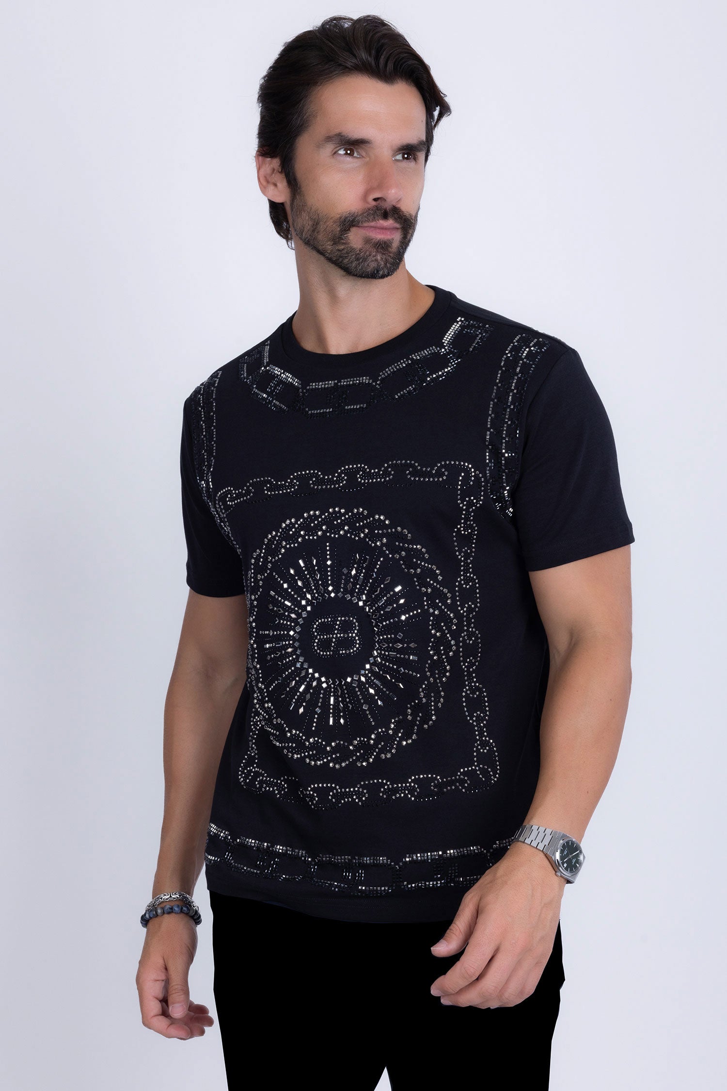 Barabas Men's Chains Rhinestone Solid Color Crew Neck T-shirts 5STR01 Black Black