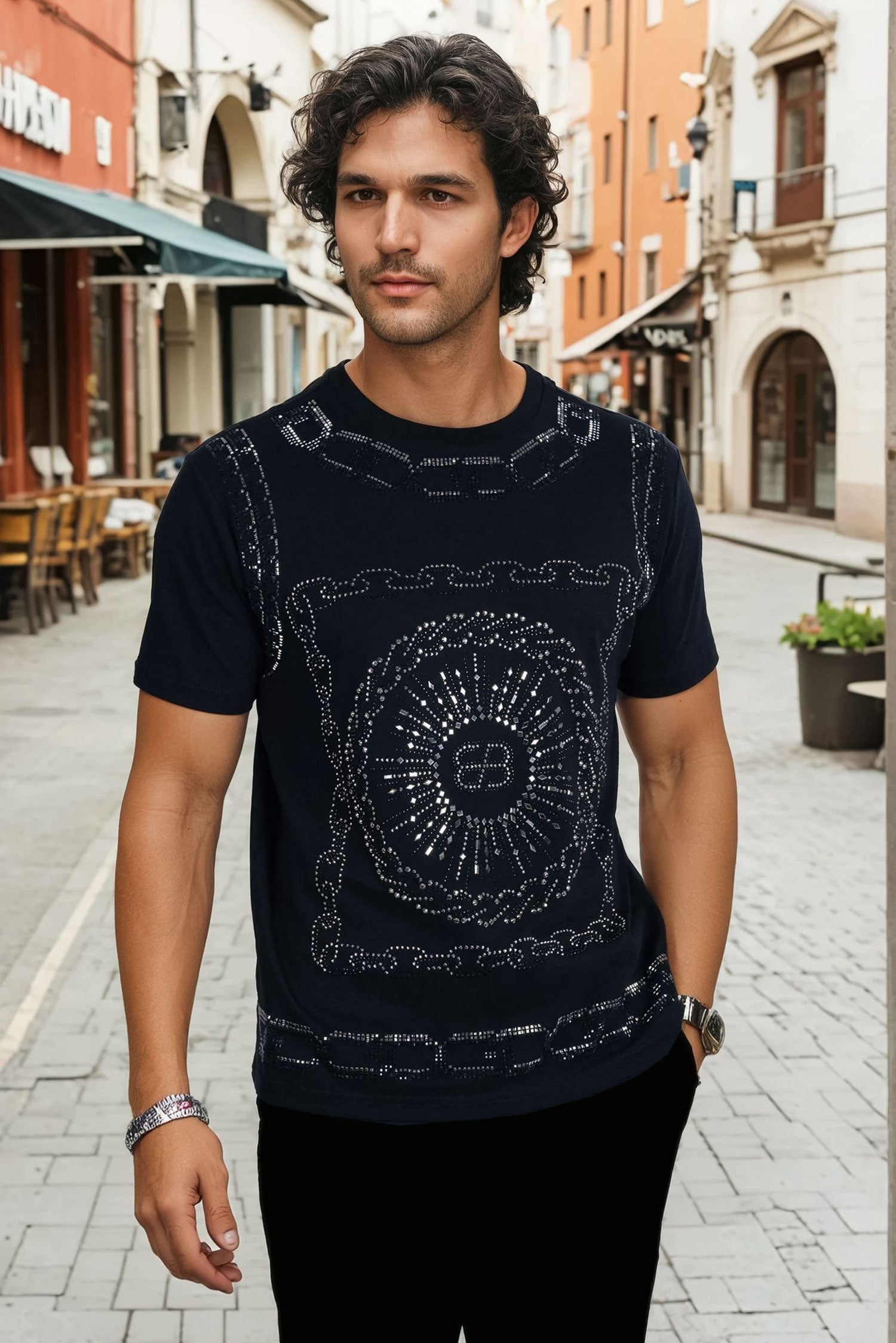 Barabas Men's Chains Rhinestone Solid Color Crew Neck T-shirts 5STR01 Black Black