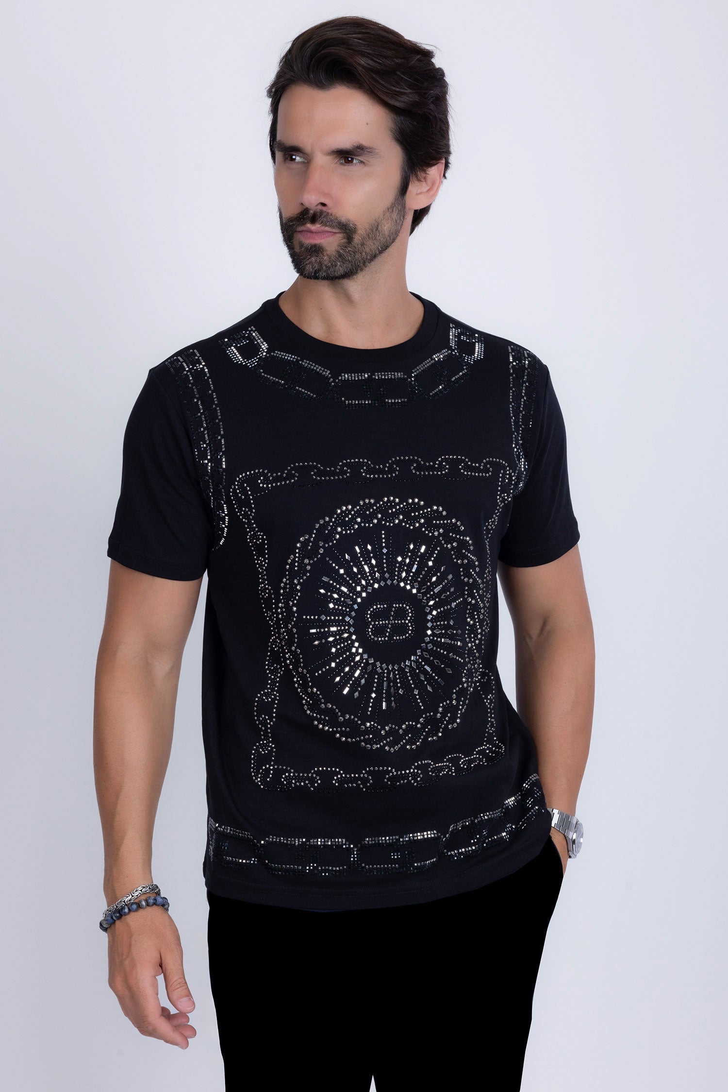 Barabas Men's Chains Rhinestone Solid Color Crew Neck T-shirts 5STR01 Black Black