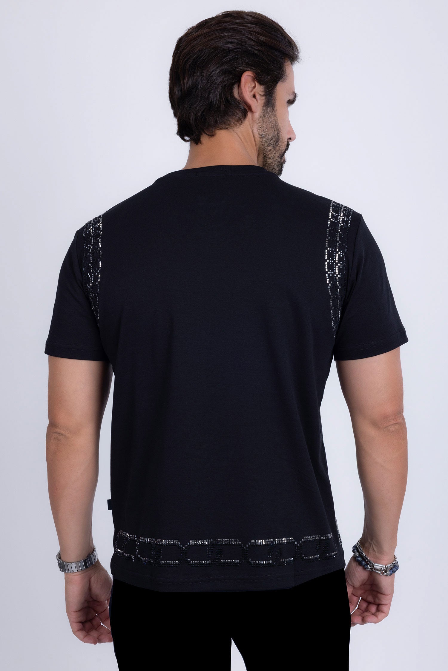 Barabas Men's Chains Rhinestone Solid Color Crew Neck T-shirts 5STR01 Black Black