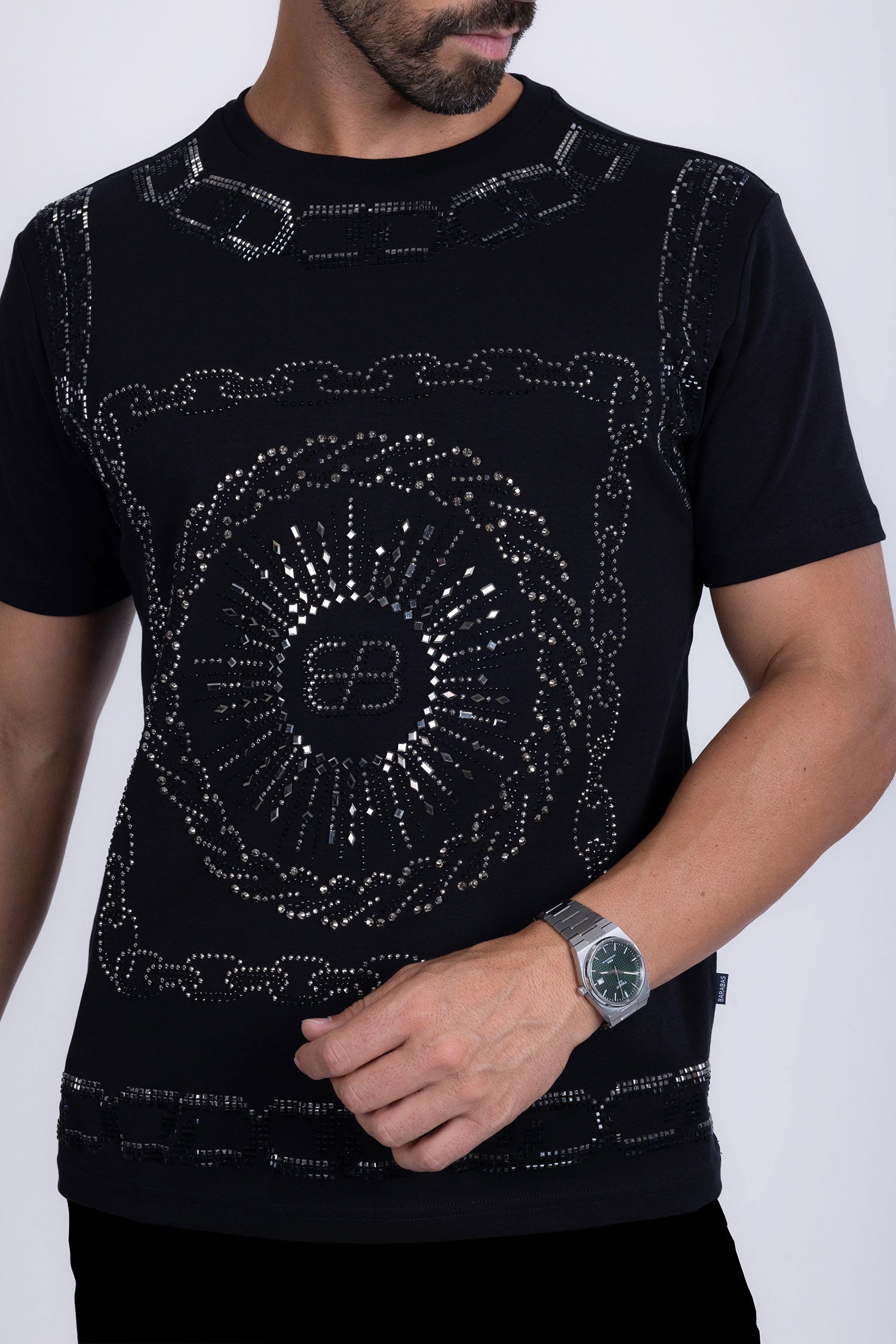Barabas Men's Chains Rhinestone Solid Color Crew Neck T-shirts 5STR01 Black Black