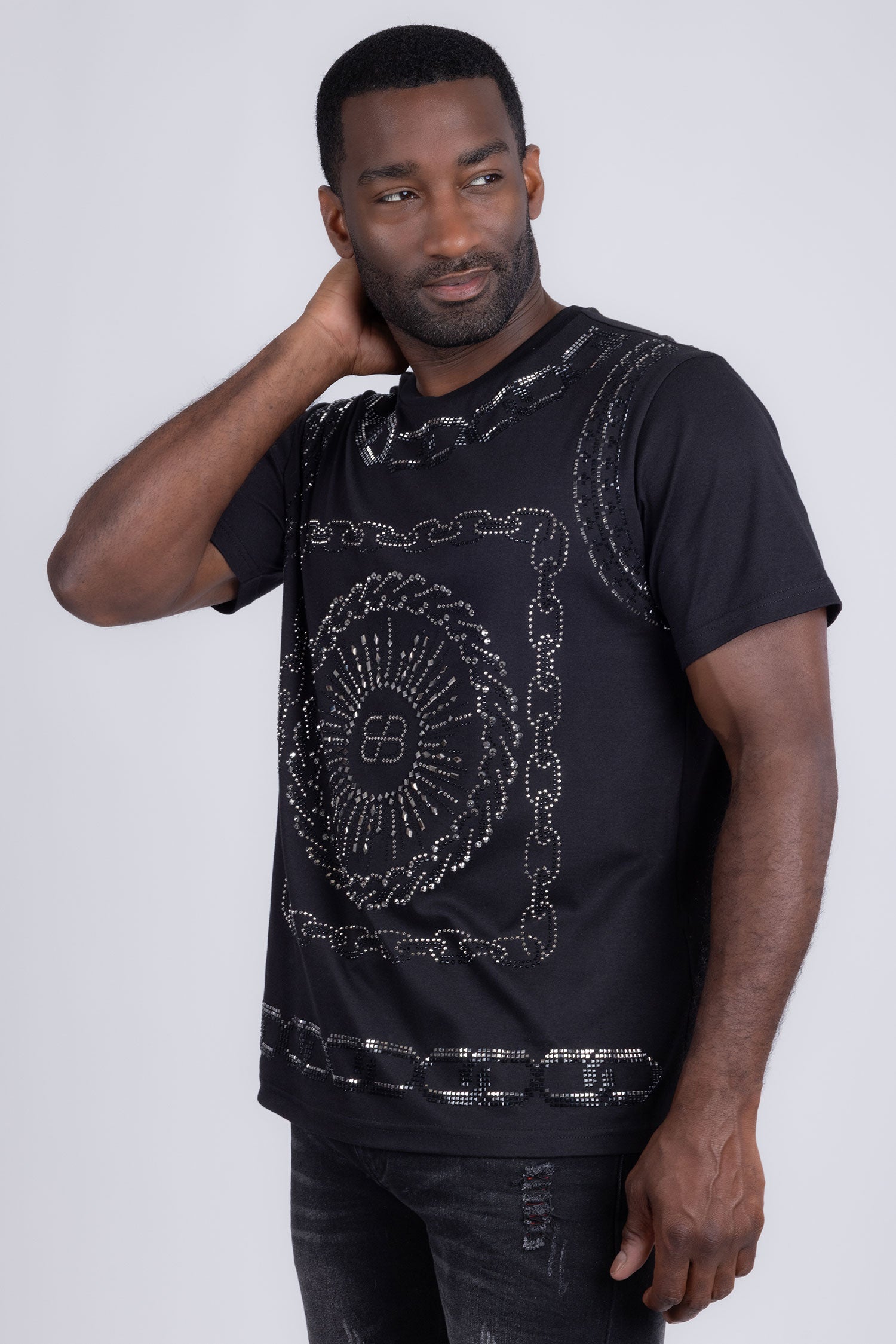 Barabas Men's Chains Rhinestone Solid Color Crew Neck T-shirts 5STR01 Black