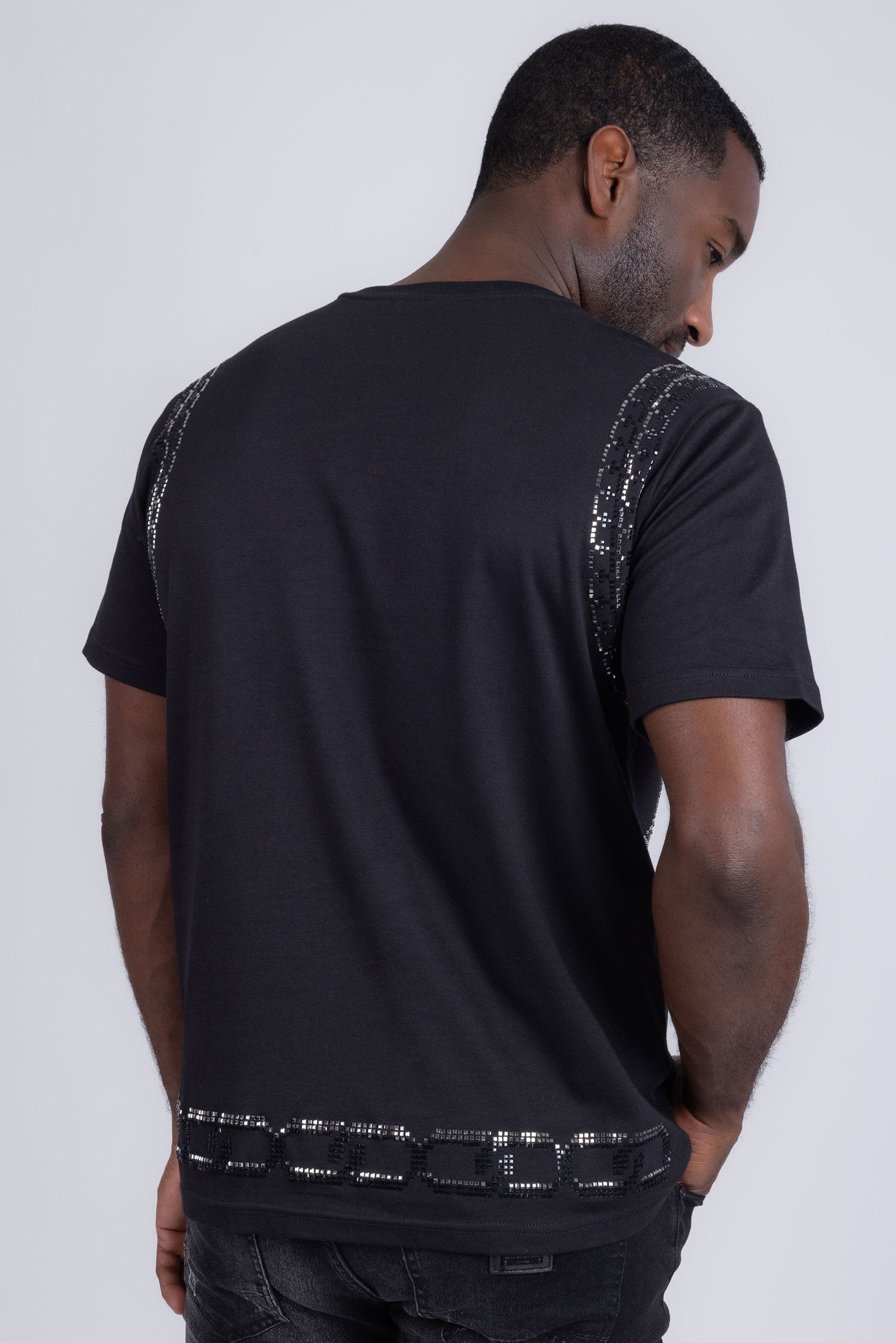 Barabas Men's Chains Rhinestone Solid Color Crew Neck T-shirts 5STR01 Black