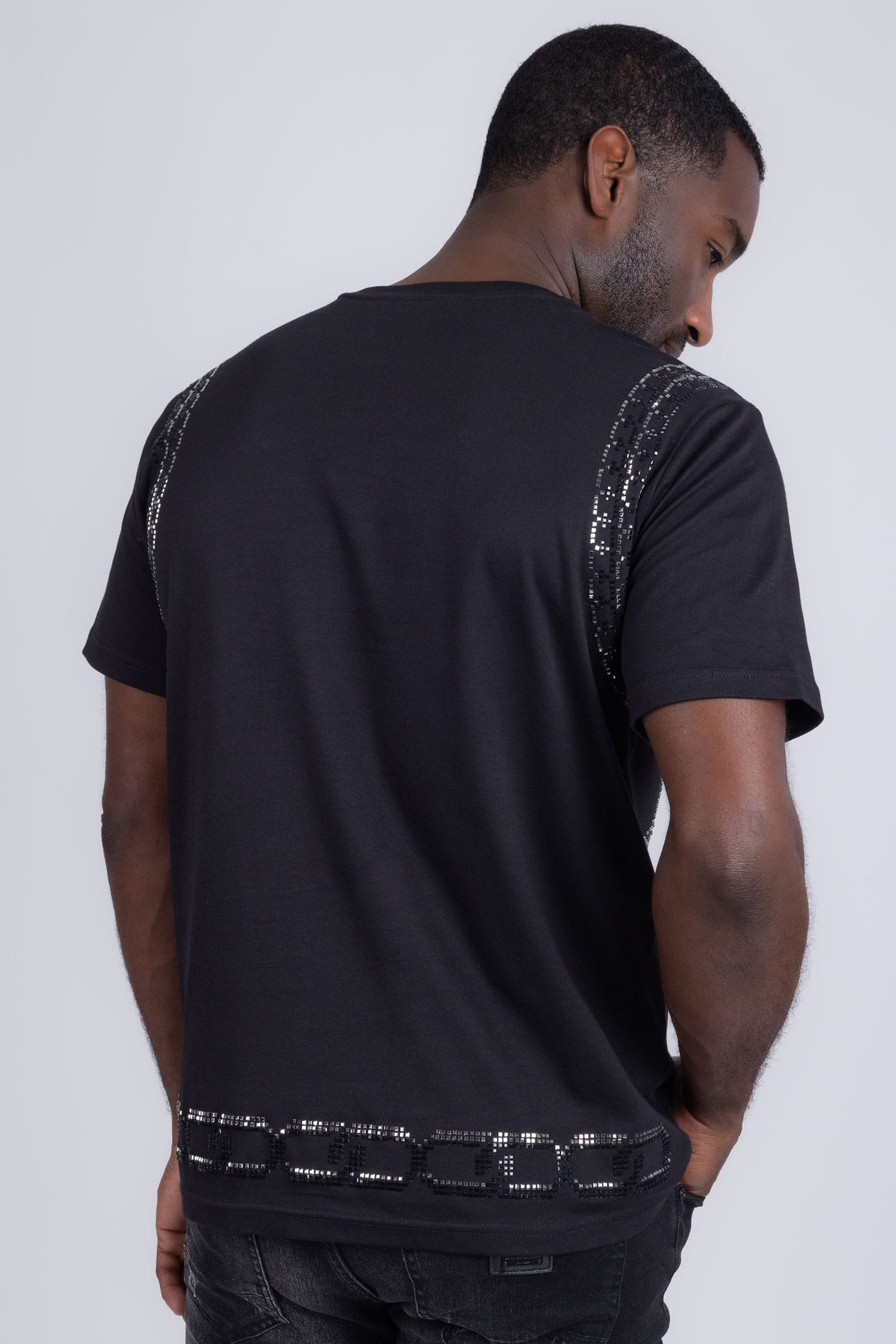 Barabas Men's Chains Rhinestone Solid Color Crew Neck T-shirts 5STR01 Black