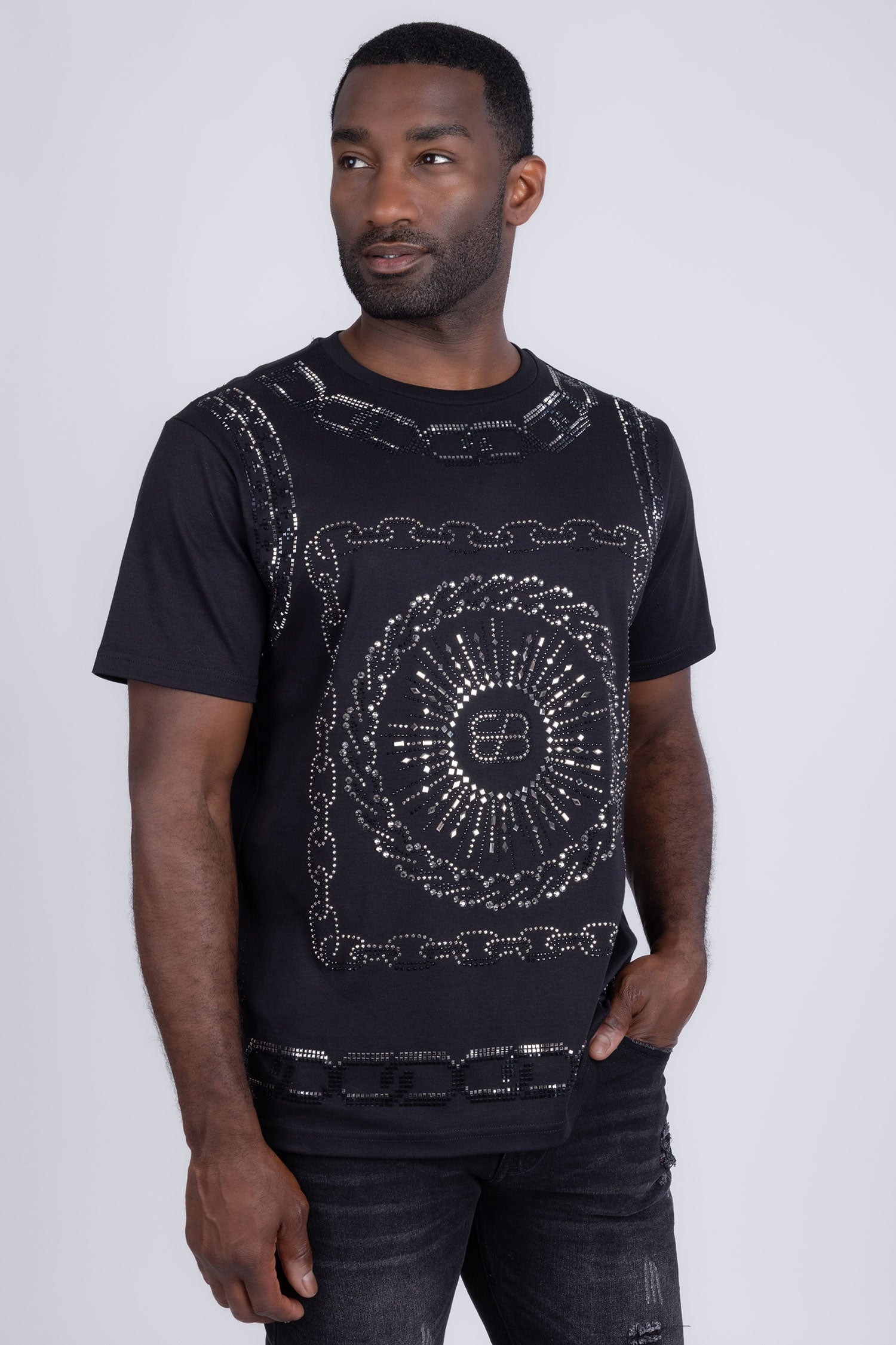 Barabas Men's Chains Rhinestone Solid Color Crew Neck T-shirts 5STR01 Black