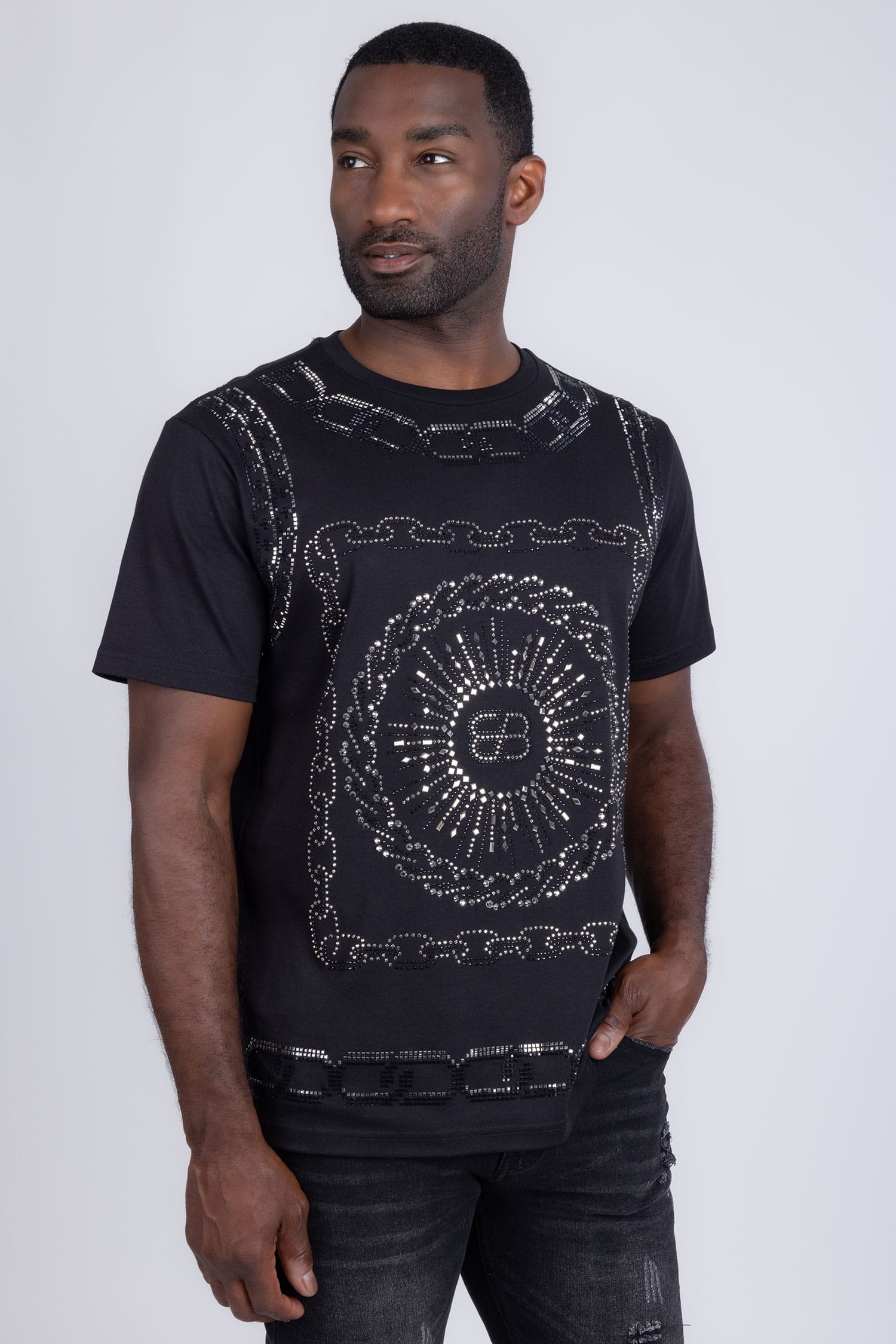 Barabas Men's Chains Rhinestone Solid Color Crew Neck T-shirts 5STR01 Black