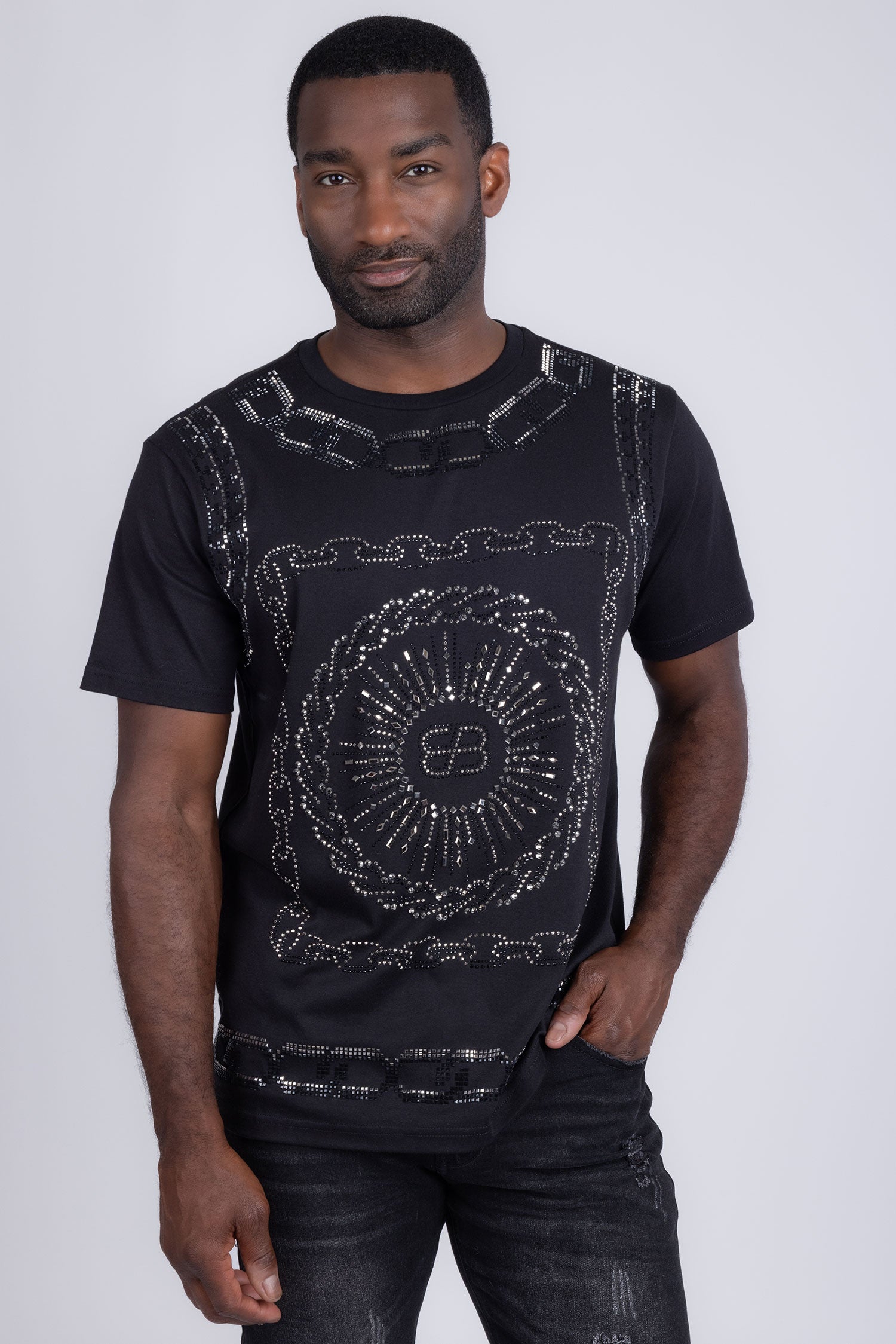 Barabas Men's Chains Rhinestone Solid Color Crew Neck T-shirts 5STR01 Black SIlver