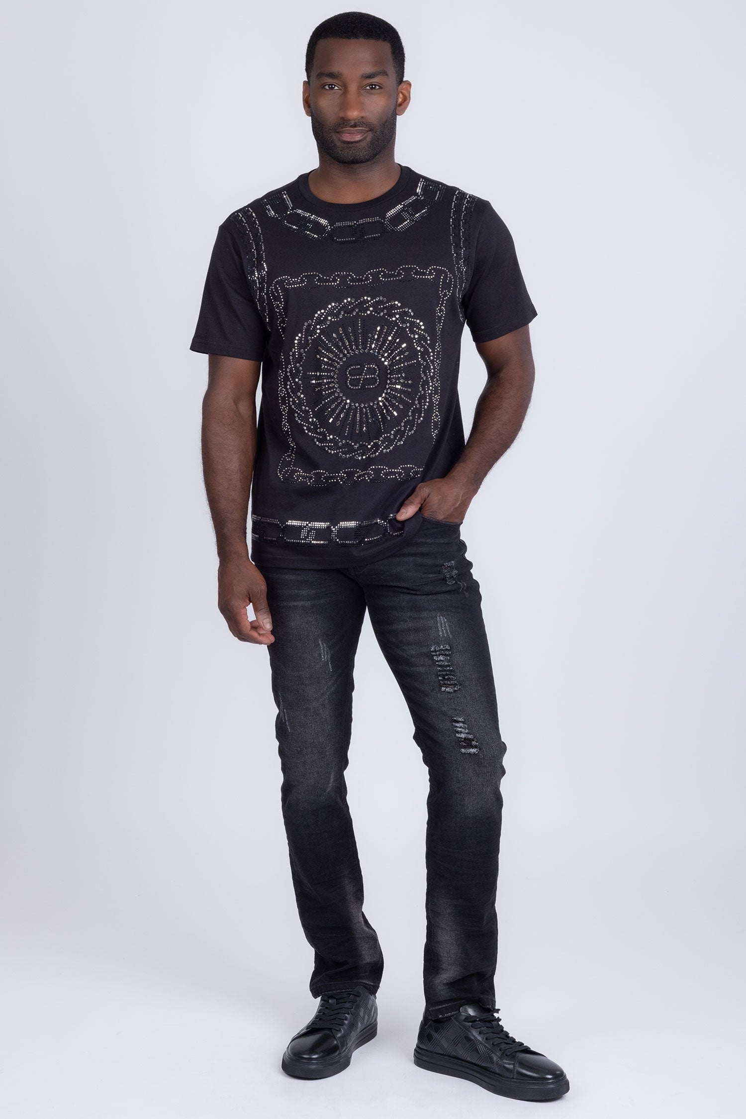 Barabas Men's Chains Rhinestone Solid Color Crew Neck T-shirts 5STR01 Black