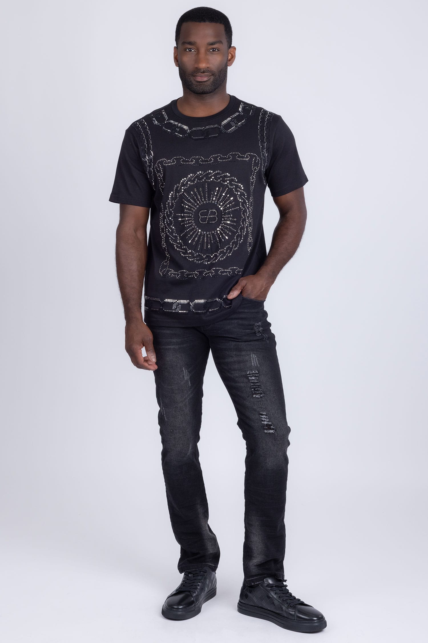 Barabas Men's Chains Rhinestone Solid Color Crew Neck T-shirts 5STR01 Black