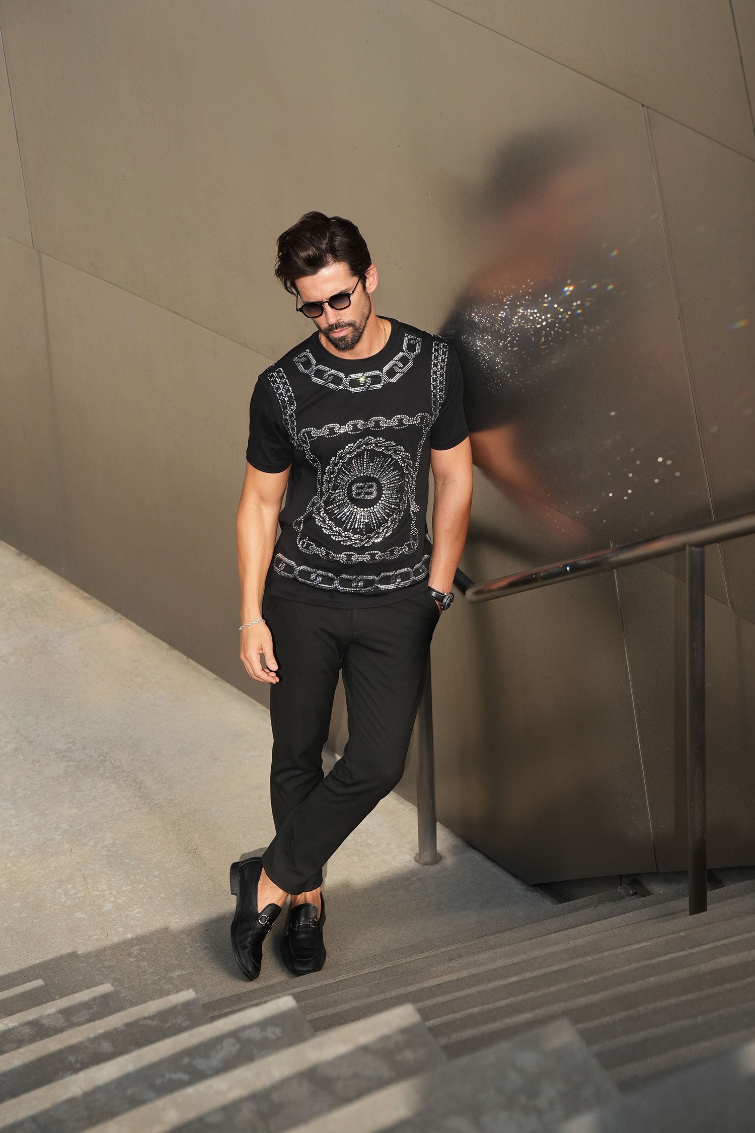 Barabas Men's Chains Rhinestone Solid Color Crew Neck T-shirts 5STR01 Black Silver