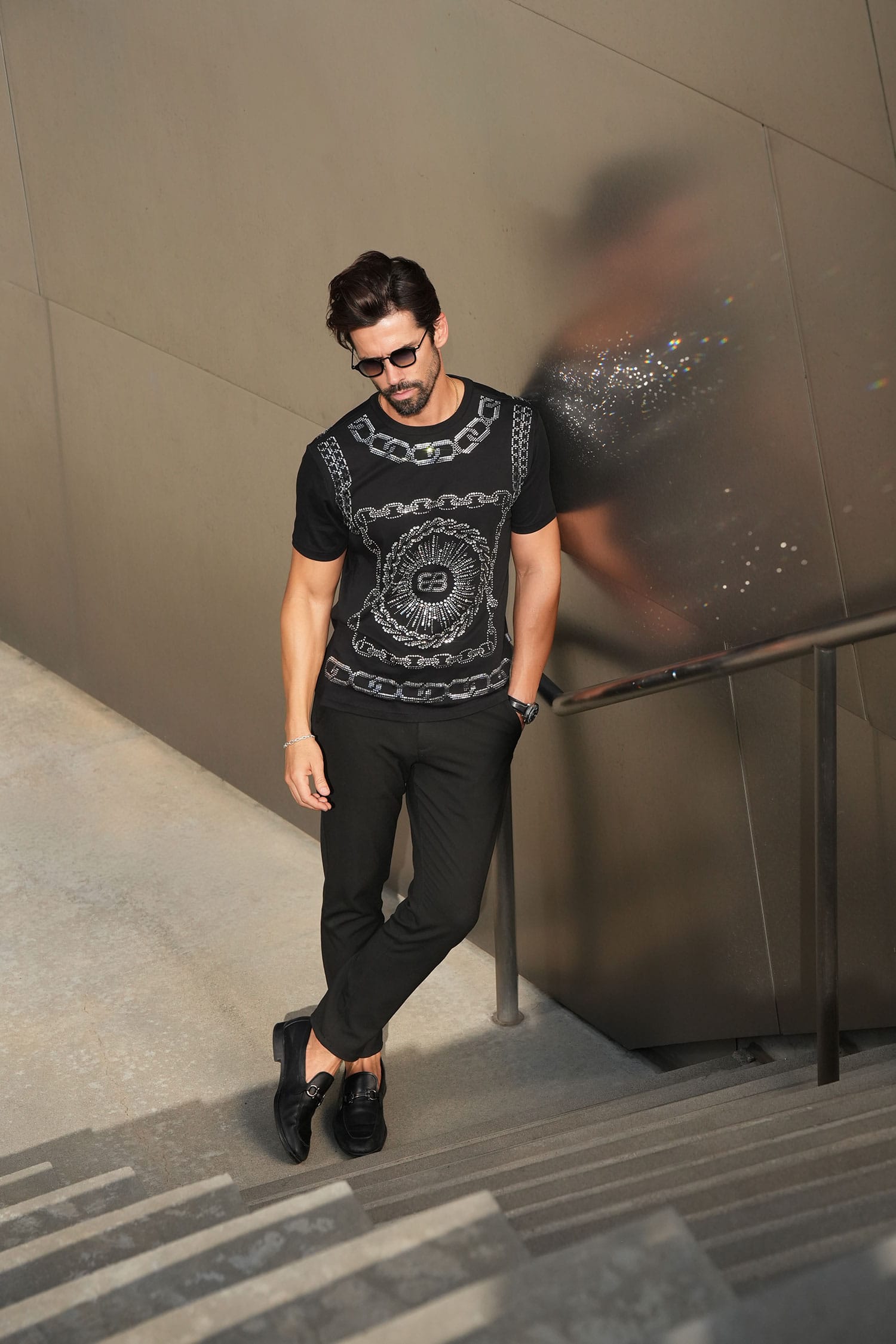 Barabas Men's Chains Rhinestone Solid Color Crew Neck T-shirts 5STR01 Black Silver