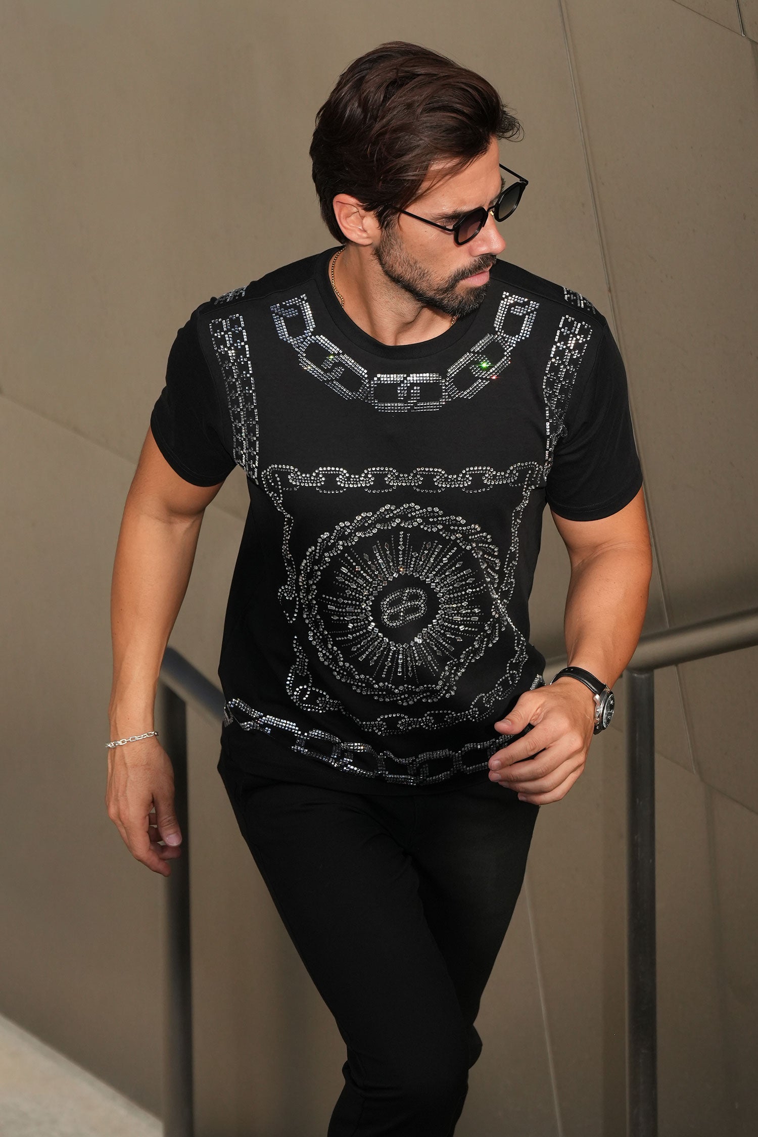 Barabas Men's Chains Rhinestone Solid Color Crew Neck T-shirts 5STR01 Black Silver