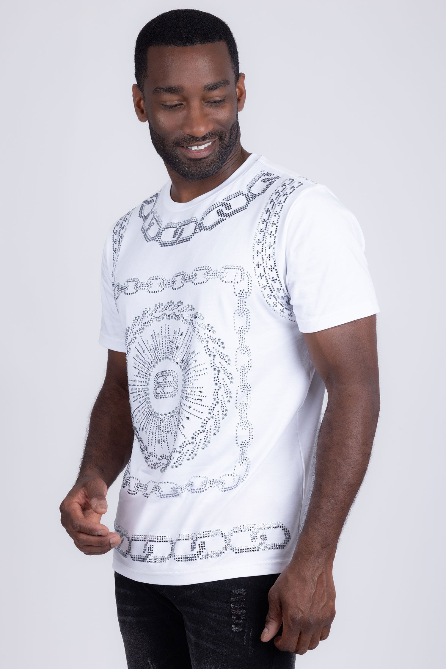 Barabas Men's Chains Rhinestone Solid Color Crew Neck T-shirts 5STR01 White