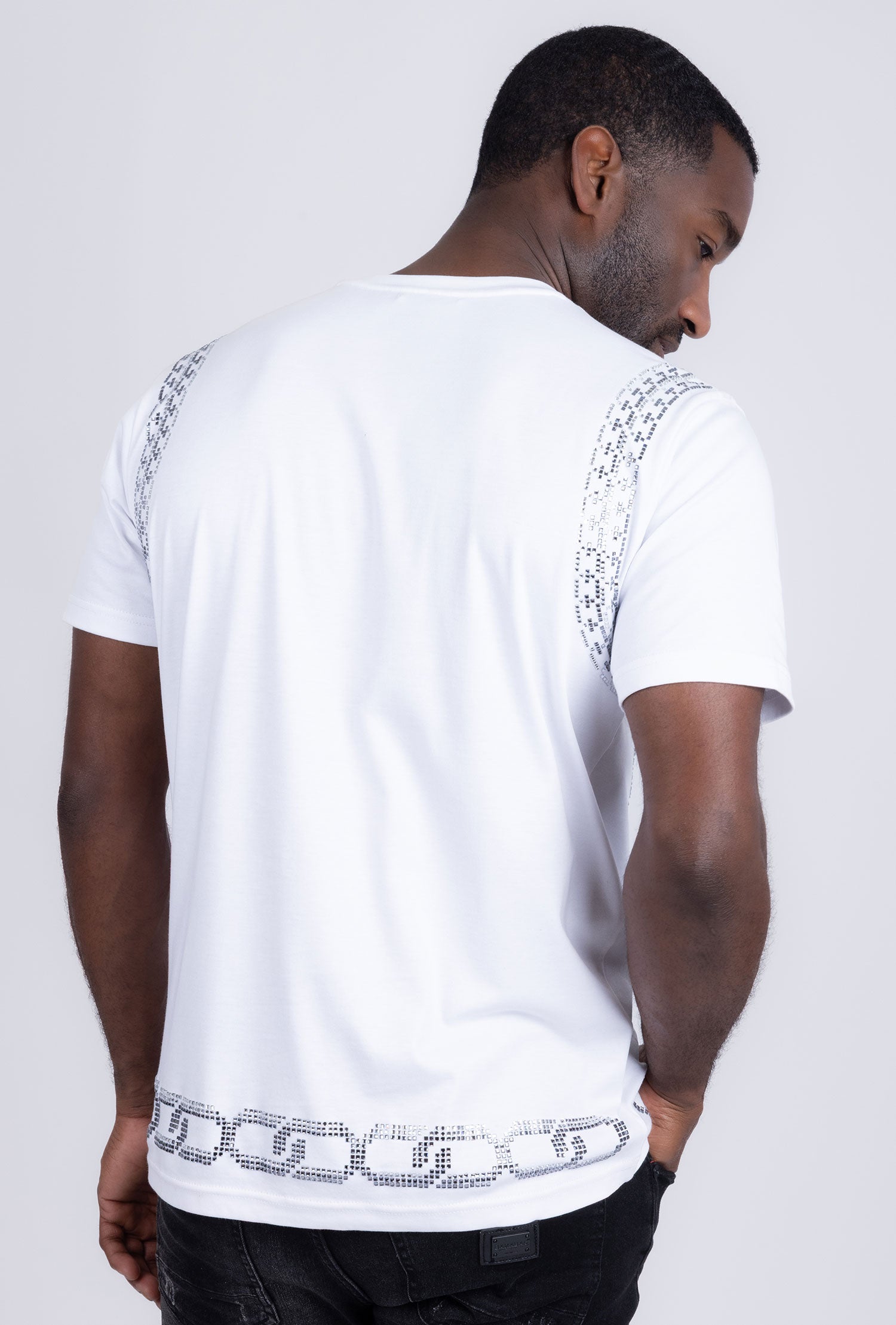 Barabas Men's Chains Rhinestone Solid Color Crew Neck T-shirts 5STR01 White