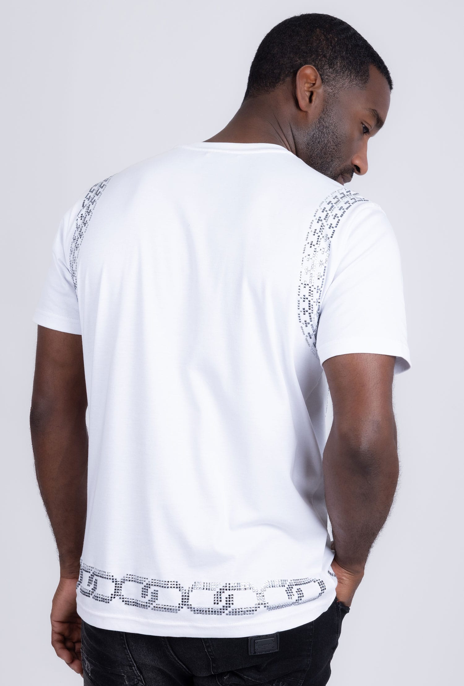 Barabas Men's Chains Rhinestone Solid Color Crew Neck T-shirts 5STR01 White