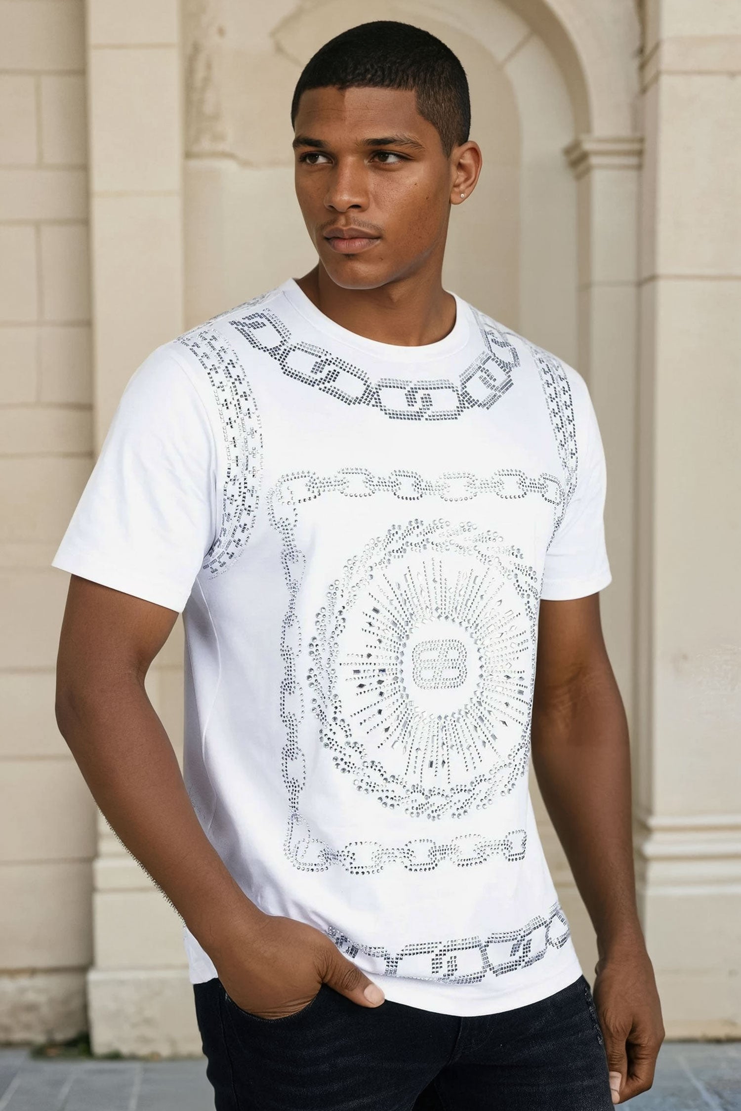 Barabas Men's Chains Rhinestone Solid Color Crew Neck T-shirts 5STR01 White
