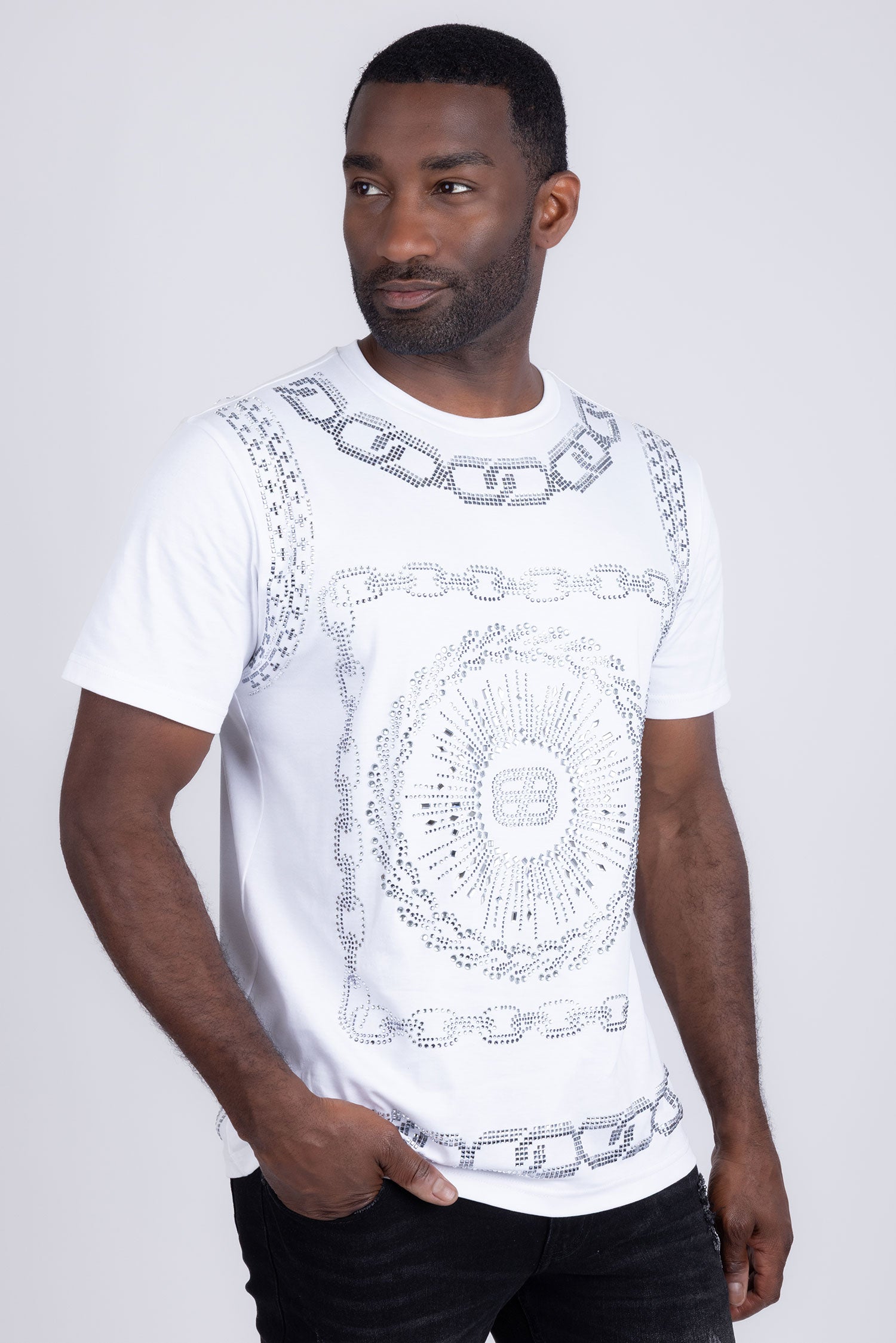 Barabas Men's Chains Rhinestone Solid Color Crew Neck T-shirts 5STR01 White