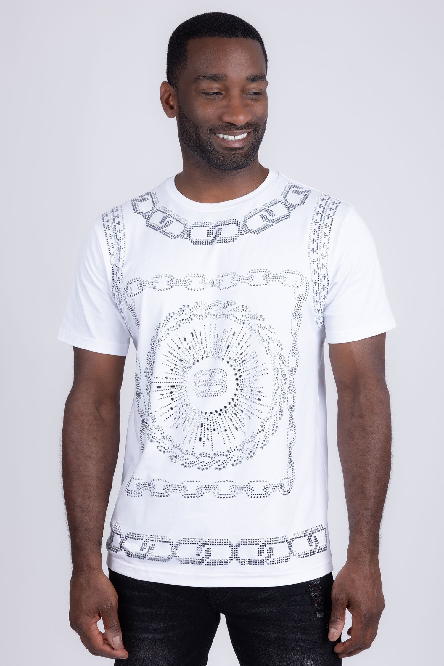 Barabas Men's Chains Rhinestone Solid Color Crew Neck T-shirts 5STR01 White