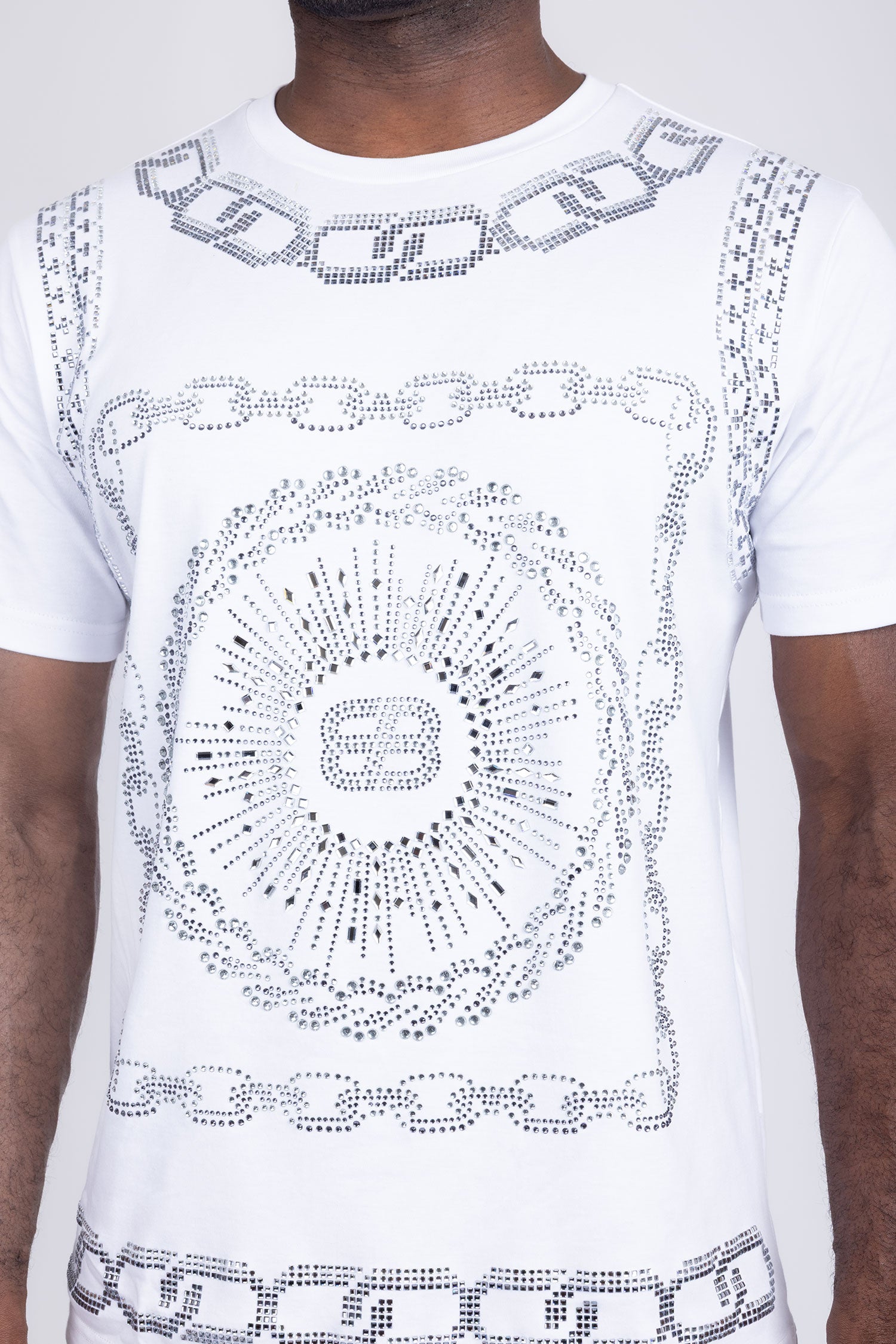 Barabas Men's Chains Rhinestone Solid Color Crew Neck T-shirts 5STR01 White