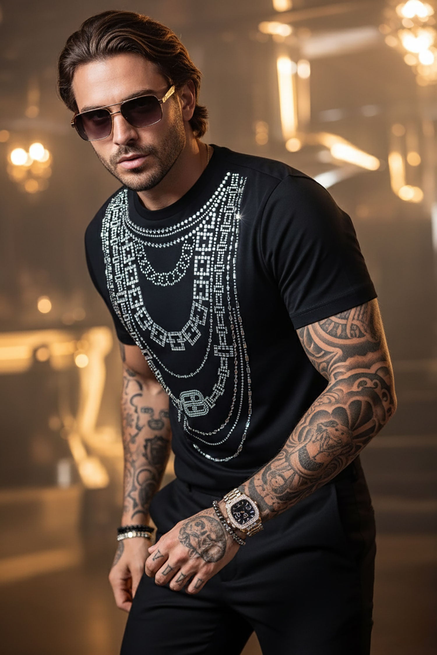 Barabas Men's Link Rhinestone Solid Color Crew Neck T-shirts 5STR02 Black Silver
