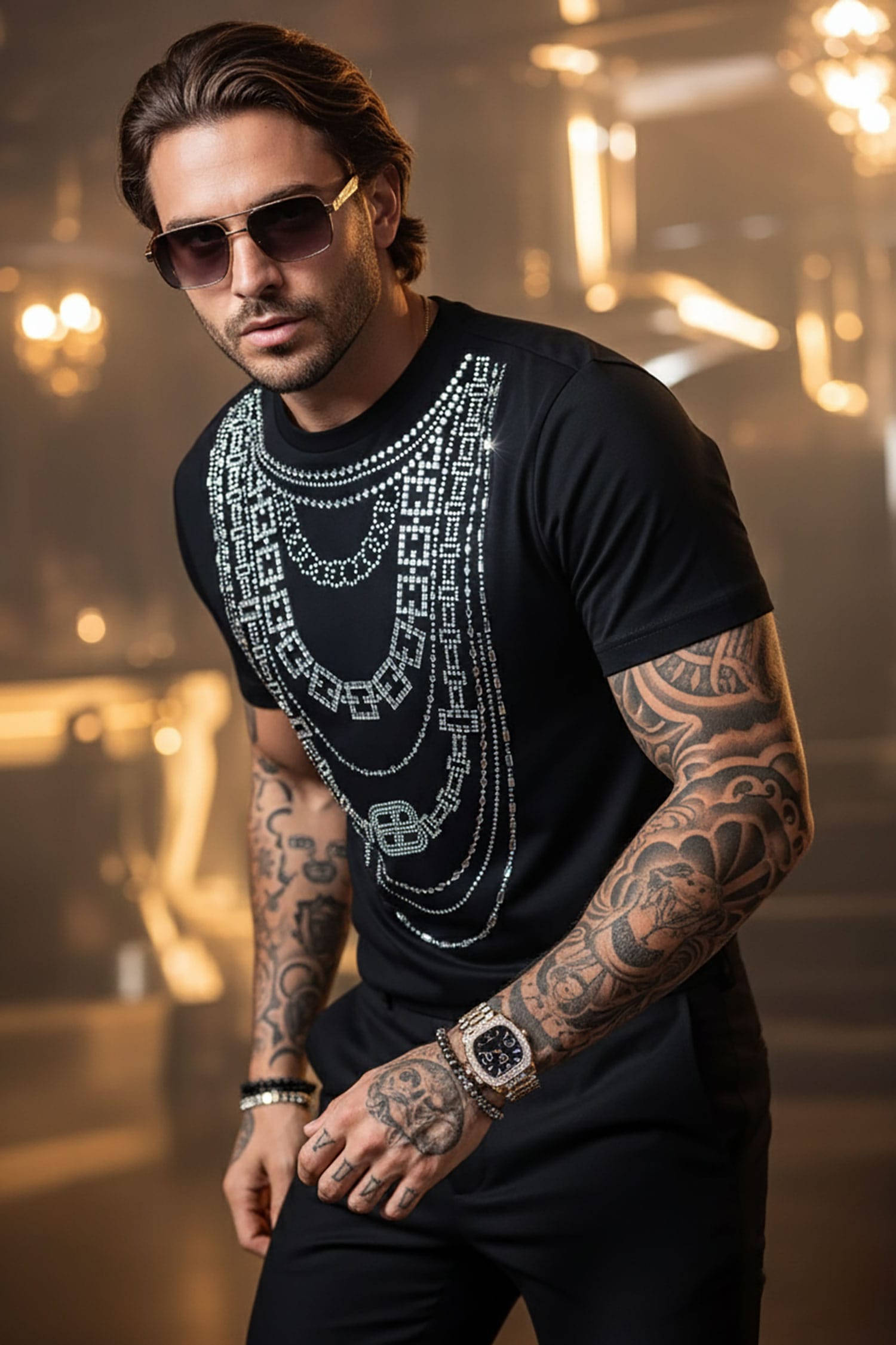Barabas Men's Link Rhinestone Solid Color Crew Neck T-shirts 5STR02 Black Silver