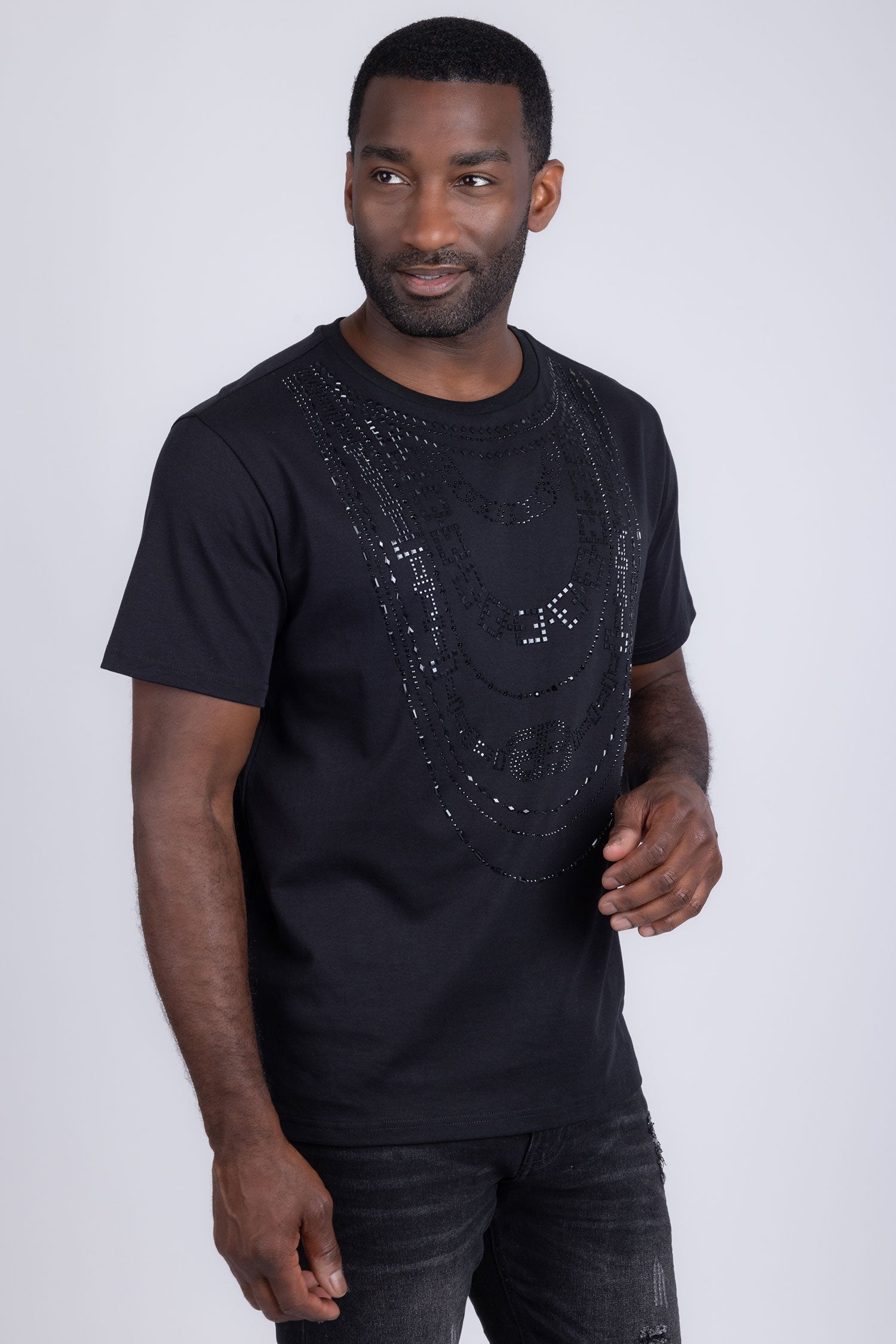 Barabas Men's Link Rhinestone Solid Color Crew Neck T-shirts 5STR02 Black