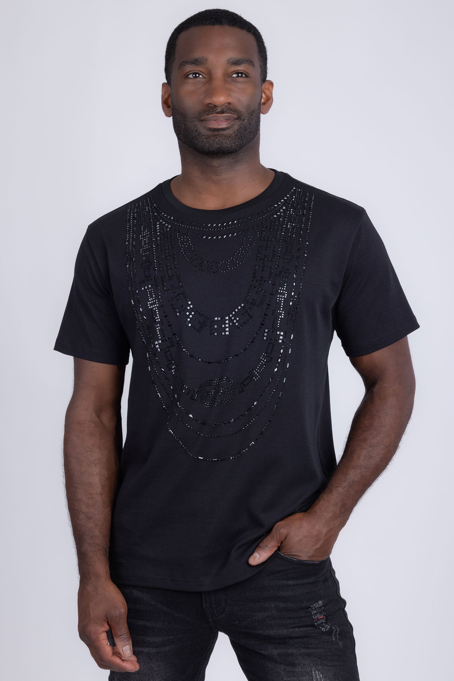 Barabas Men's Link Rhinestone Solid Color Crew Neck T-shirts 5STR02 Black
