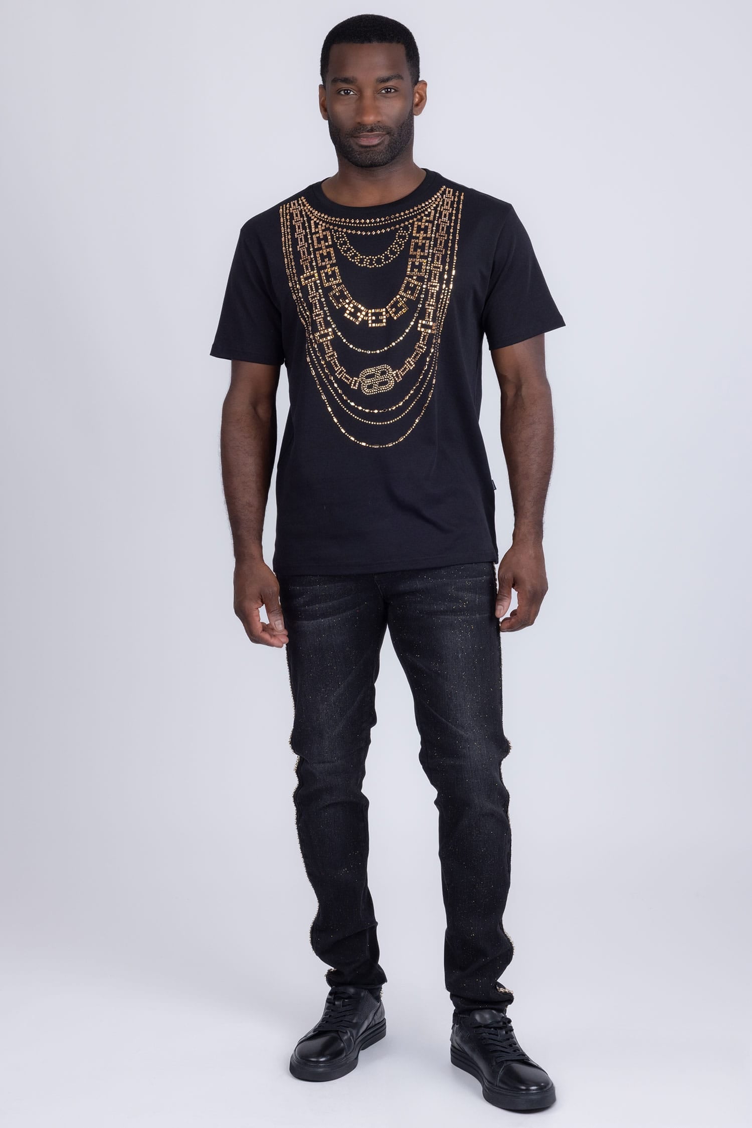 Barabas Men's Link Rhinestone Solid Color Crew Neck T-shirts 5STR02 Black Gold